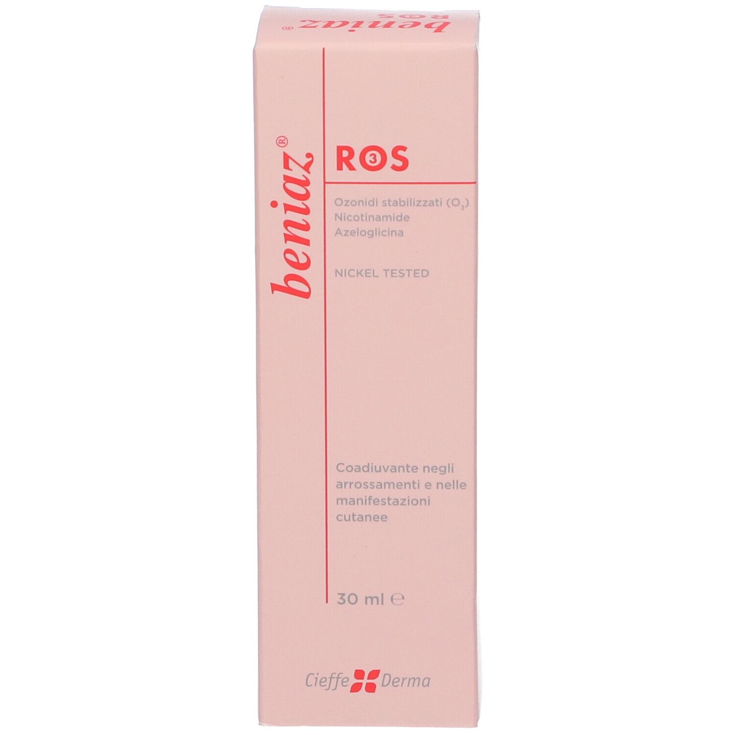 Scatola rosa con scritta 'beniaz', 'ROS', '30 ml' e 'Nickel Tested'. Logo 'Cieffe Derma'.