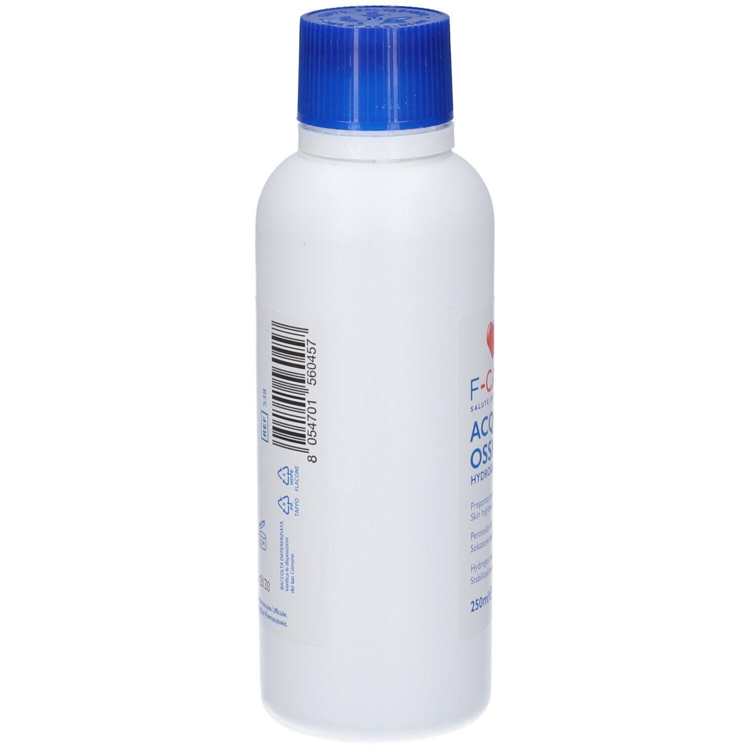 Flacone bianco con tappo a vite blu. Sul lato sono raffigurati un codice a barre e vari simboli.
