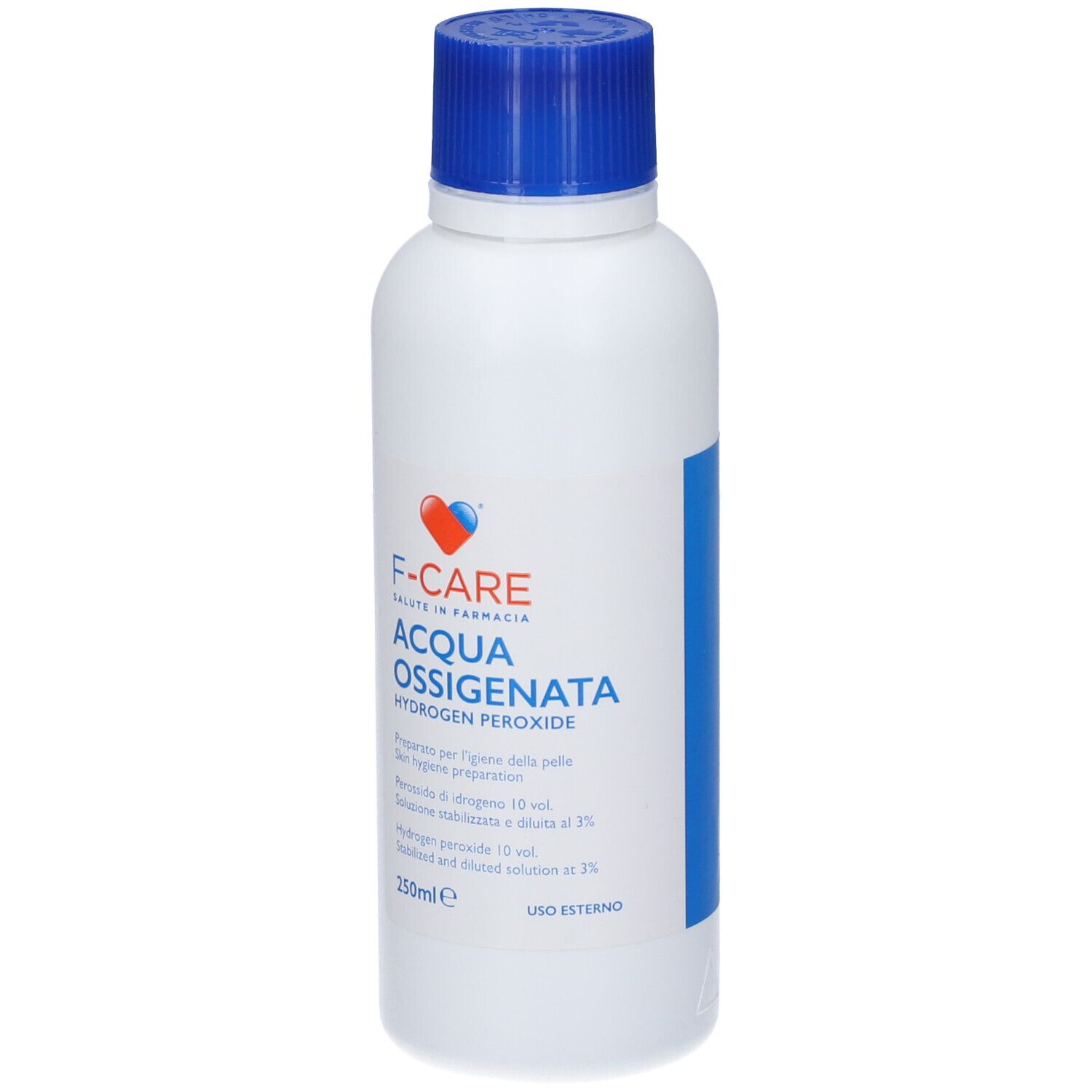 F-Care Acqua Ossigenata 250ml flacone con tappo blu.