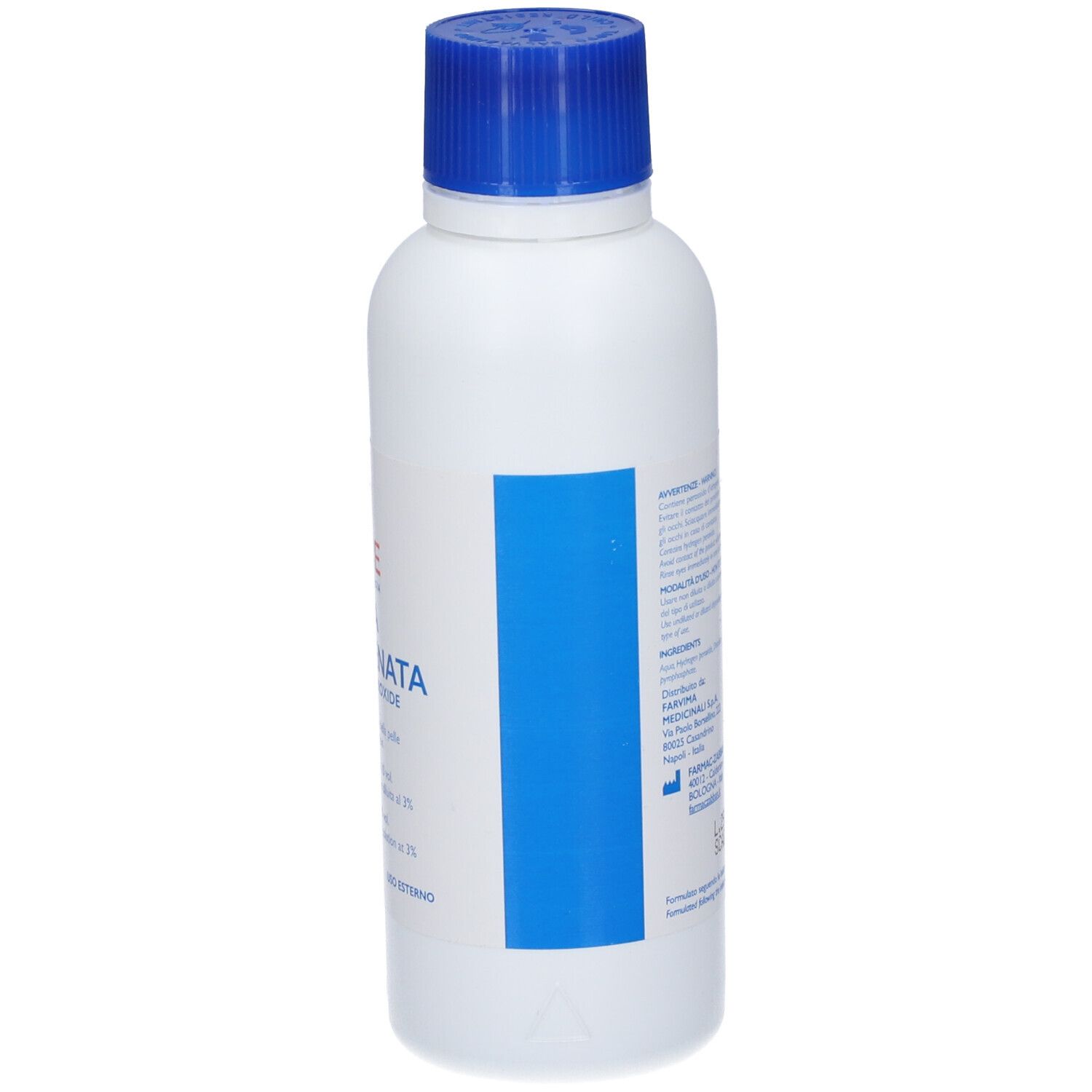Flacone bianco in plastica con tappo a vite blu. Etichetta con aree blu e bianche e testo.