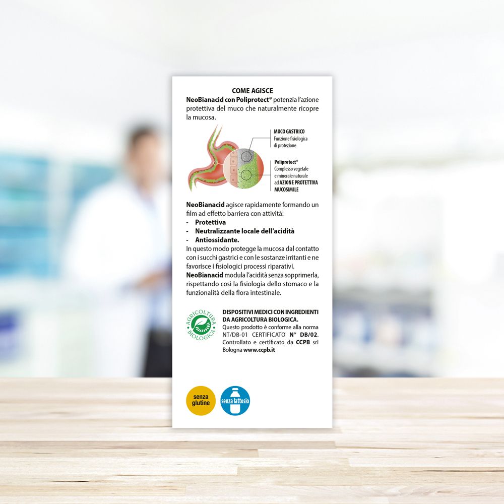Retro della confezione Neobianacid. Testo su come funziona e sugli ingredienti. Certificazioni e loghi.