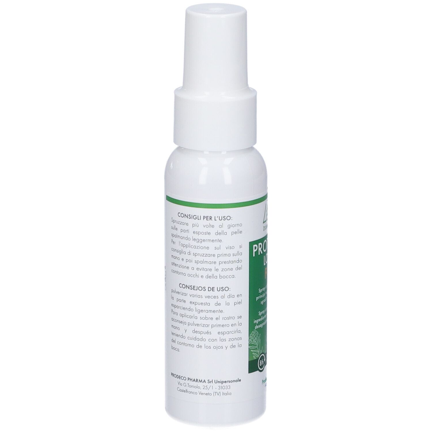 Retro del flacone spray bianco. Testo in italiano. Contiene istruzioni per l'uso e avvertenze.