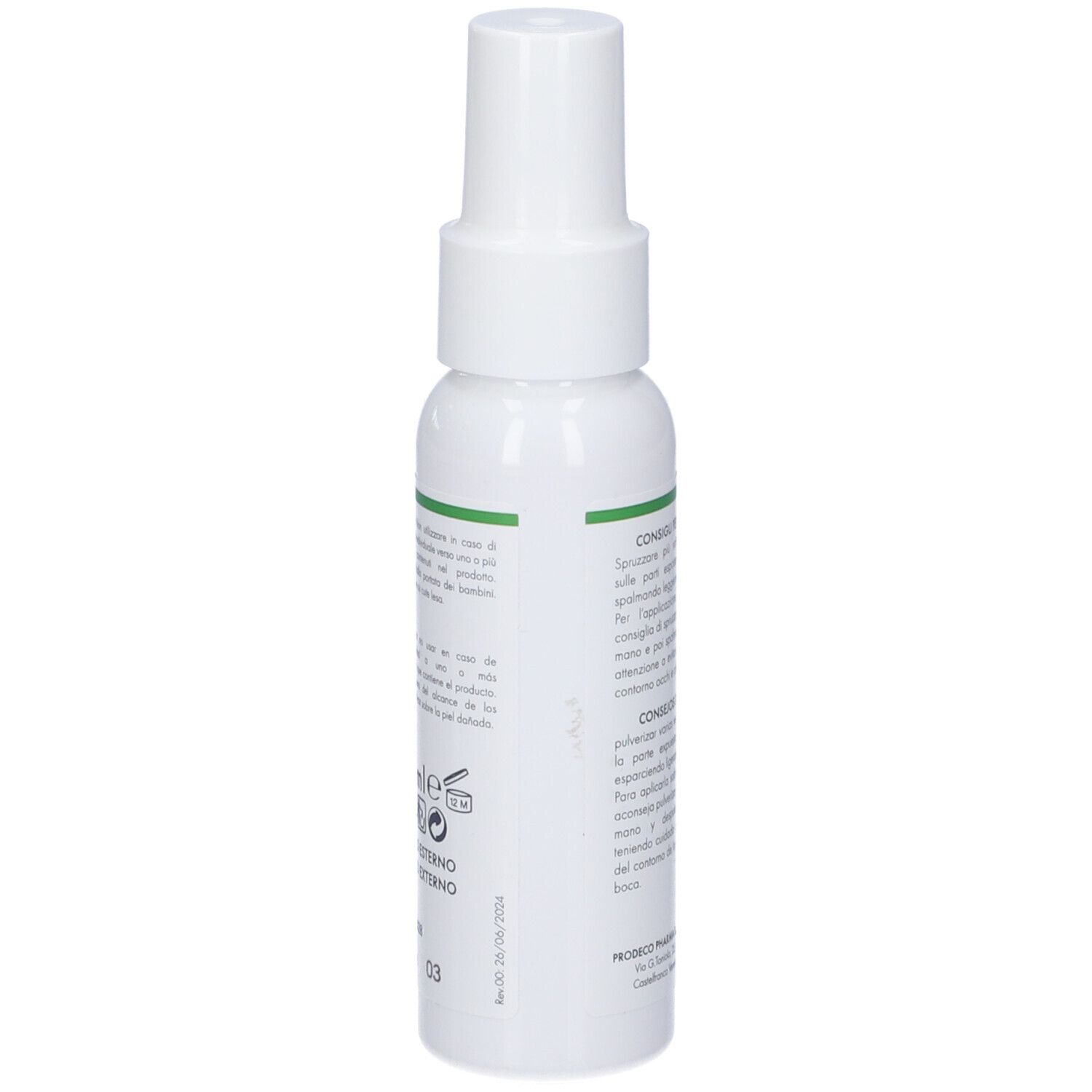 Retro del flacone spray bianco. Testo in italiano. Contiene informazioni sugli ingredienti e il produttore.