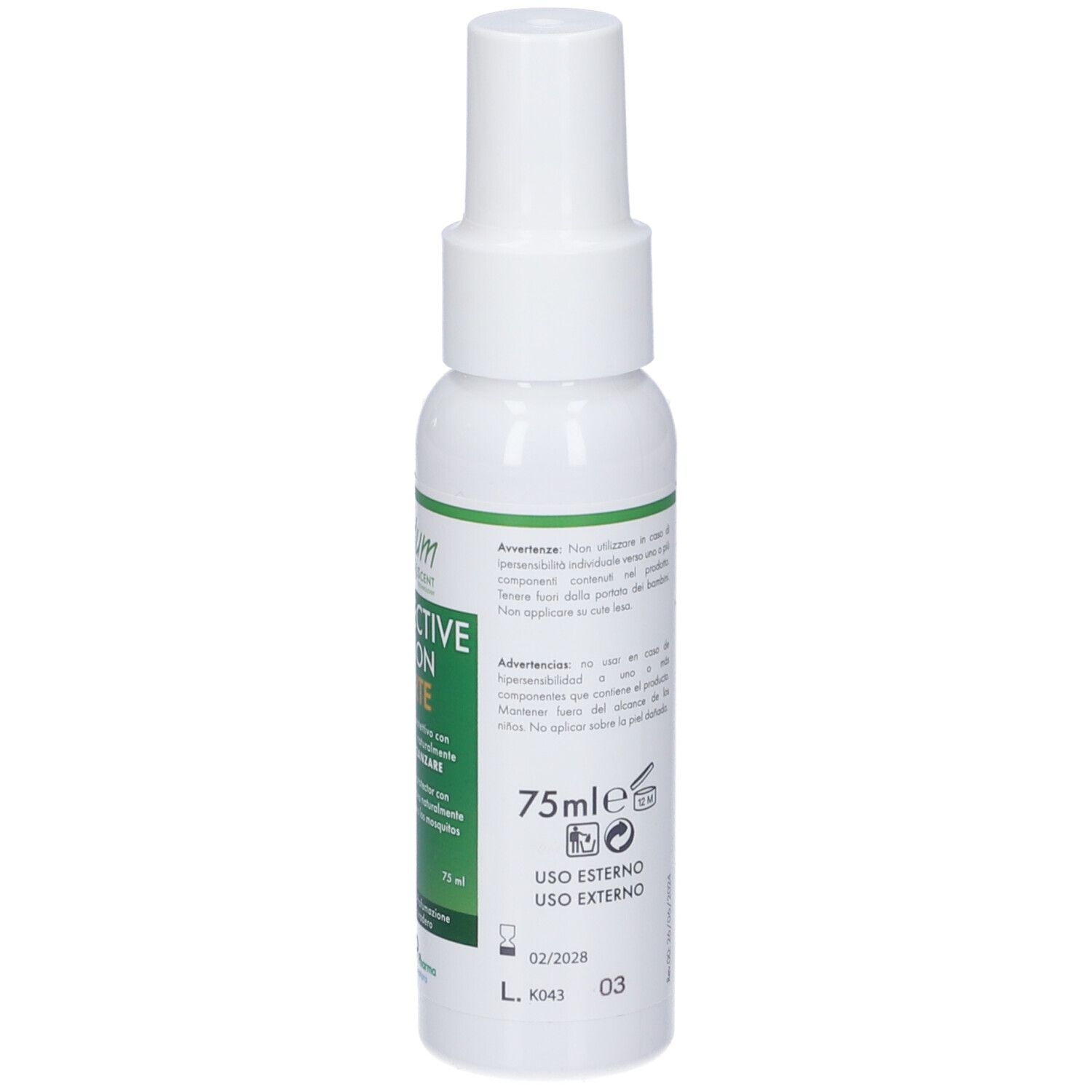 Retro del flacone spray bianco. Testo in italiano. Contiene informazioni sugli ingredienti e il produttore. 75 ml.