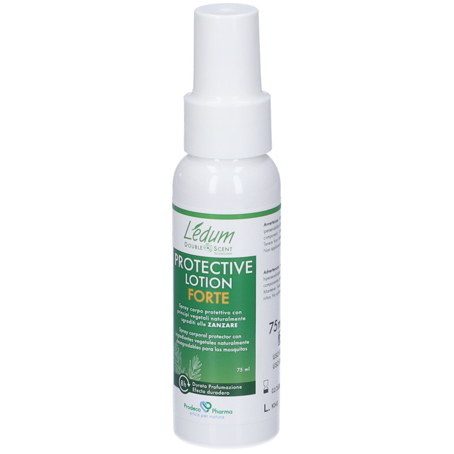 Flacone spray bianco con etichetta verde. Testo: Ledum, Protective Lotion Forte. Contiene ingredienti vegetali. 75 ml.