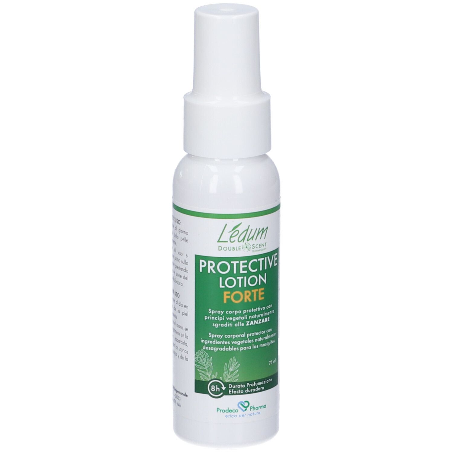 Flacone spray bianco con etichetta verde. Testo: Ledum, Protective Lotion Forte. Contiene ingredienti vegetali. 75 ml.