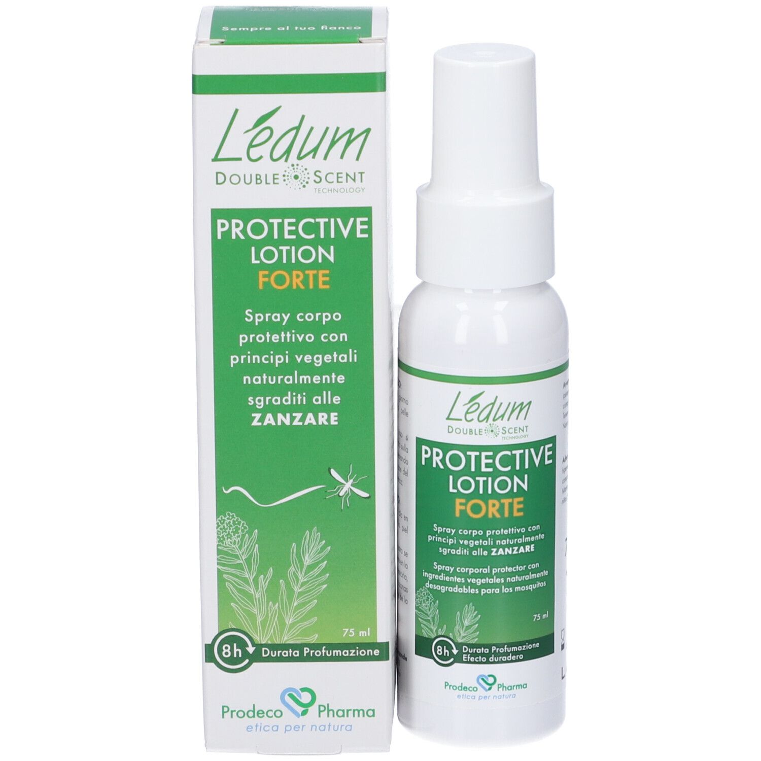 Flacone spray Ledum Protective Lotion Forte e confezione, 75 ml.