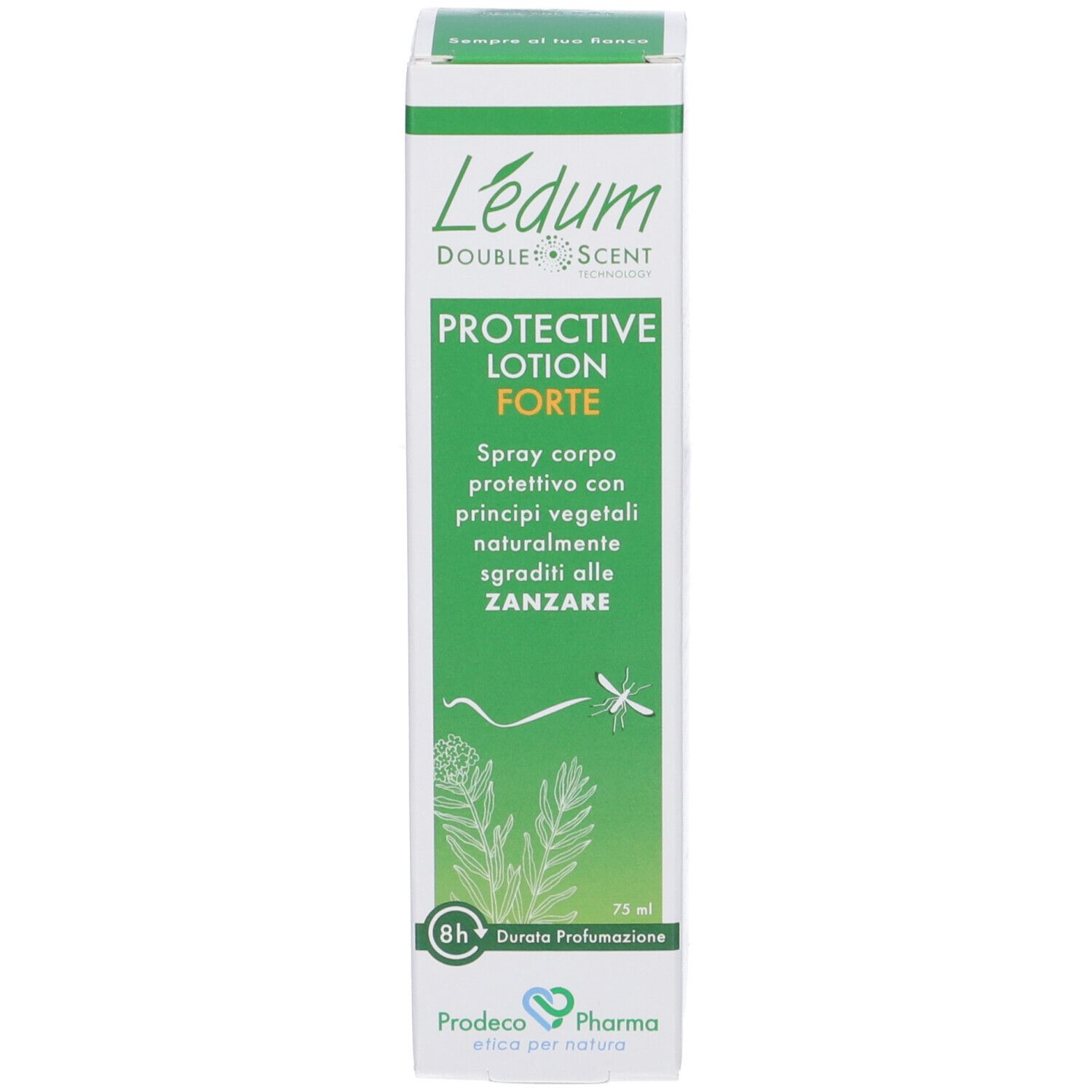 Confezione verde con testo bianco. Testo: Ledum, Protective Lotion Forte. Contiene ingredienti vegetali. 75 ml.