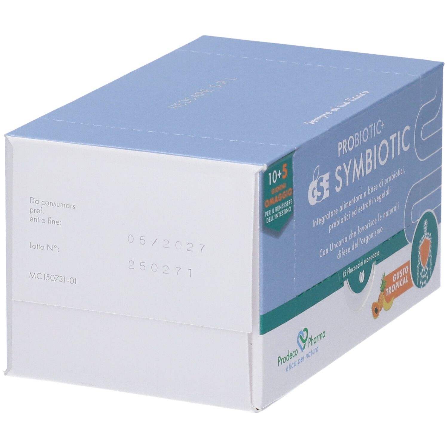 Scatola azzurra, vista obliqua. Stampa: data di scadenza, numero di lotto. Testo in italiano.