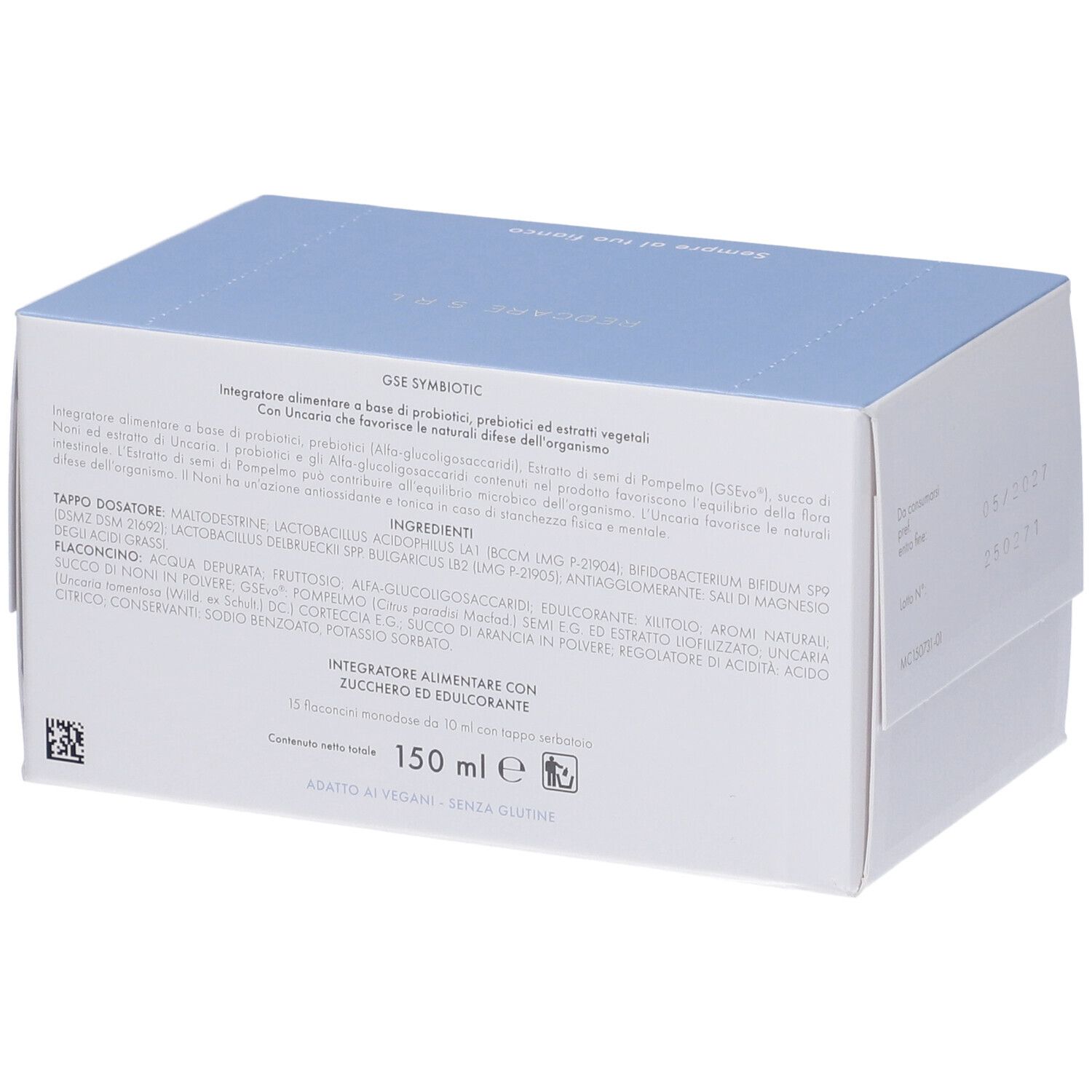 Retro di una scatola azzurra. Testo in italiano. Stampa: ingredienti, volume 150 ml.