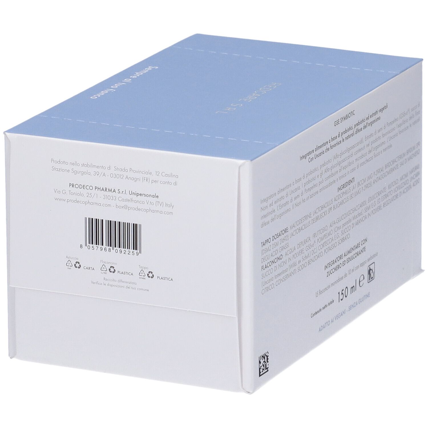 Retro di una scatola azzurra. Testo in italiano. Stampa: informazioni produttore, codice a barre.