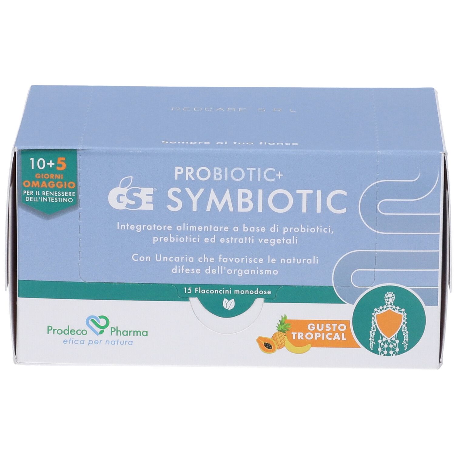 Scatola azzurra con nome prodotto e illustrazioni. Testo in italiano. Indicazione: 15 flaconcini monodose.