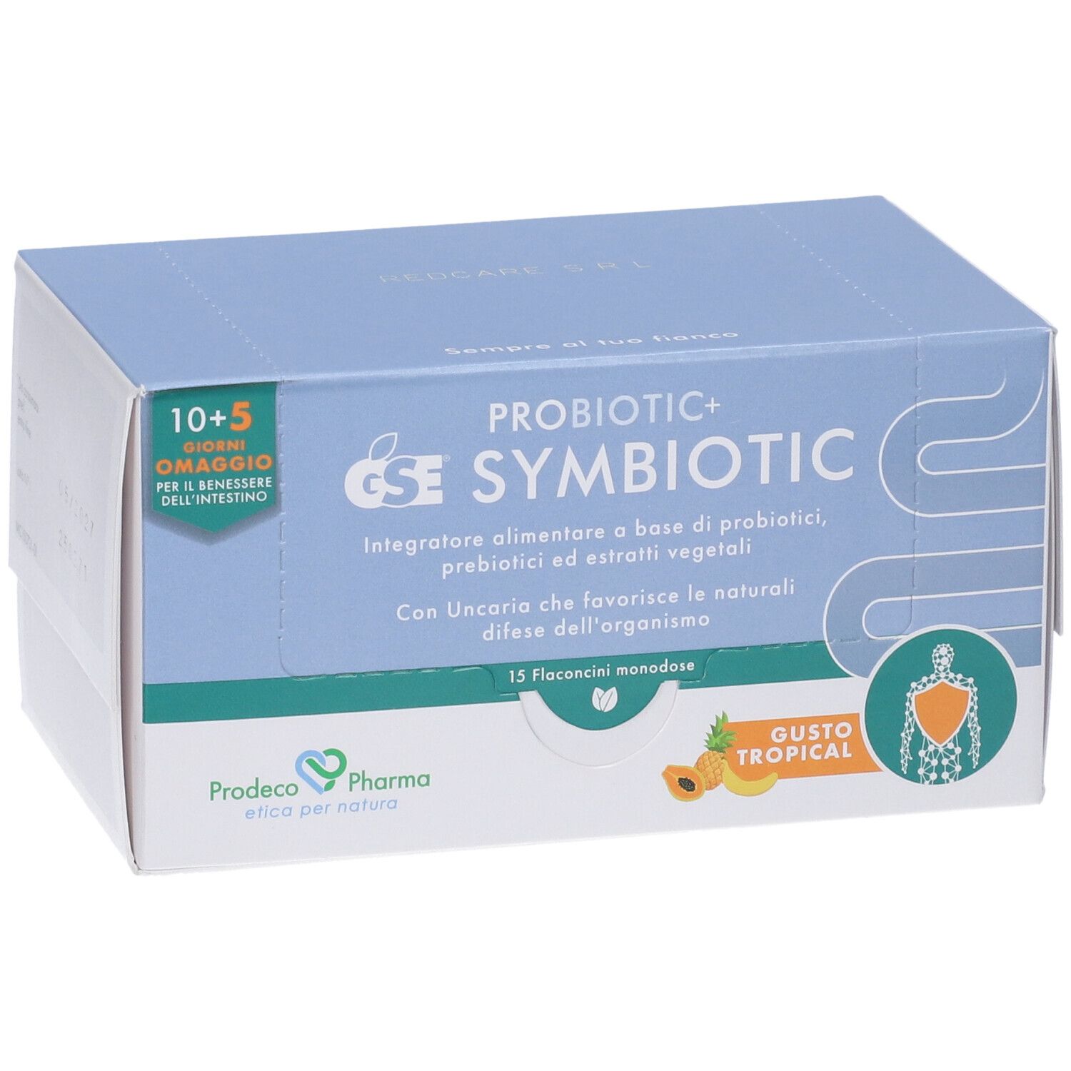 Scatola azzurra con nome prodotto e illustrazioni. Testo in italiano. Indicazione: 15 flaconcini monodose.