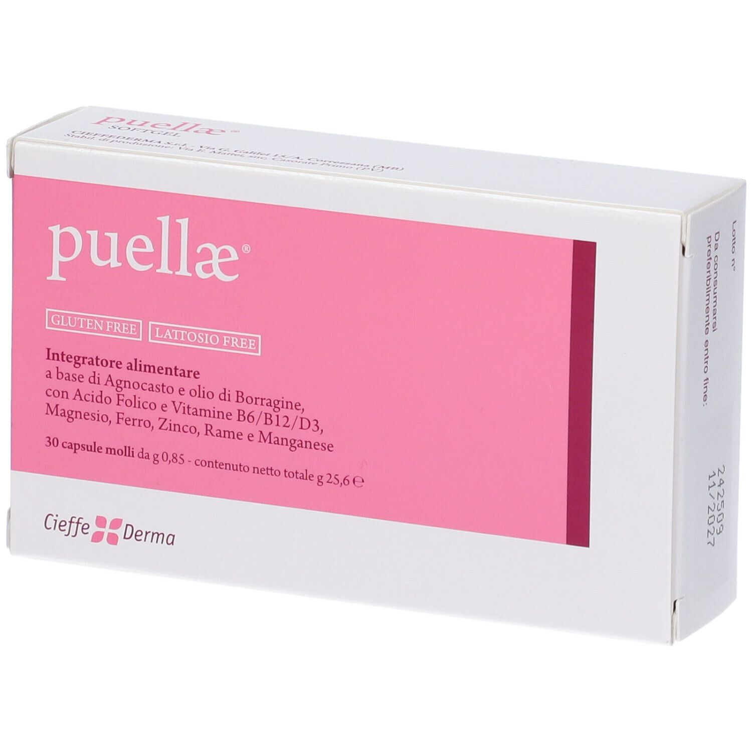 Scatola bianca con riquadro rosa. Scritta: Puellae. Testo: Gluten Free, Lattosio Free. Marchio: Cieffe Derma.