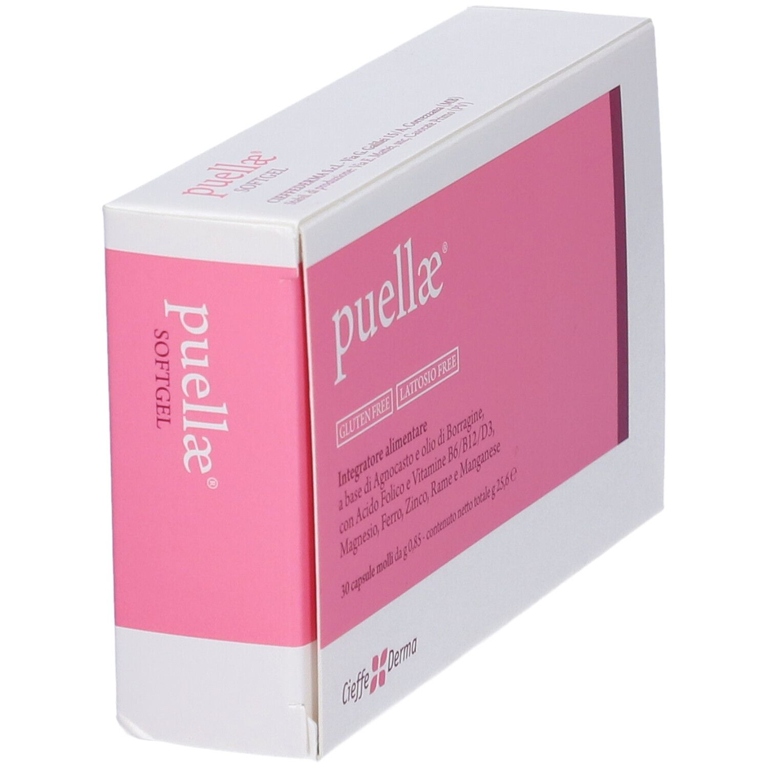 Scatola con riquadro rosa e scritta: Puellae Softgel. Testo: Gluten Free, Lattosio Free. Marchio: Cieffe Derma.
