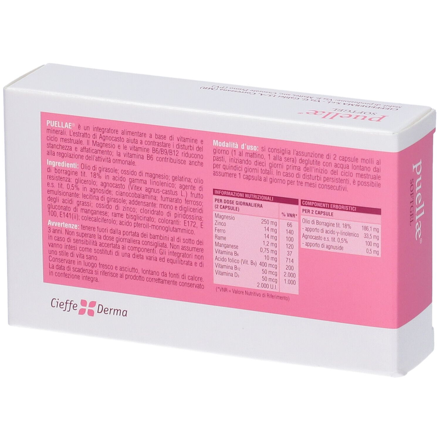 Retro della scatola con riquadro rosa. Testo: Ingredienti, modalità d'uso. Marchio: Cieffe Derma.