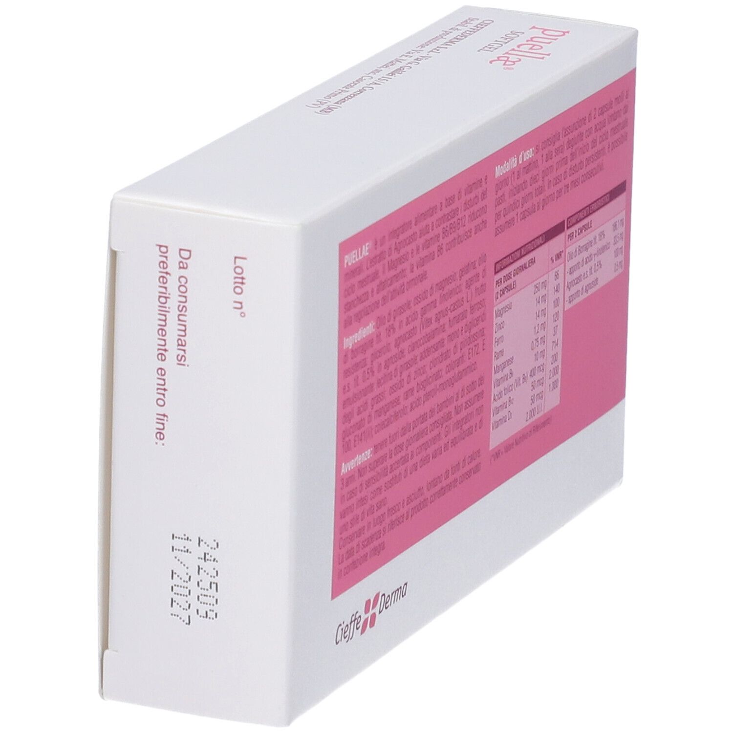 Scatola con riquadro rosa. Stampa: Data di scadenza. Marchio: Cieffe Derma.