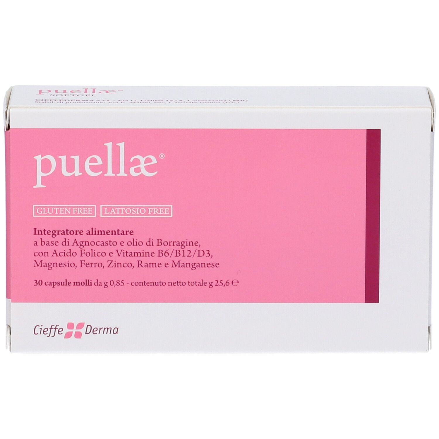 Scatola bianca con riquadro rosa. Scritta: Puellae. Testo: Gluten Free, Lattosio Free. Marchio: Cieffe Derma.