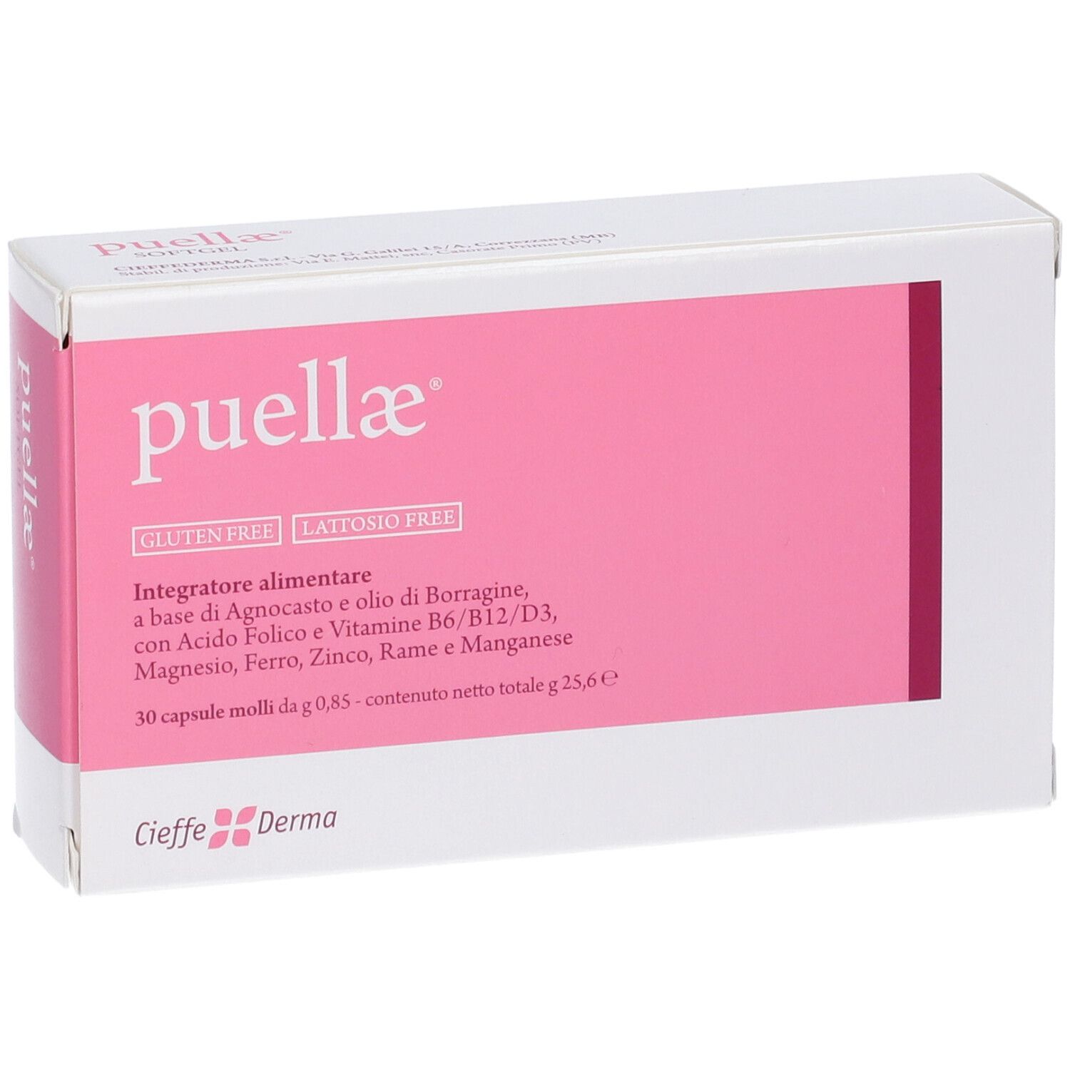 Scatola bianca con riquadro rosa. Scritta: Puellae. Testo: Gluten Free, Lattosio Free. Marchio: Cieffe Derma.