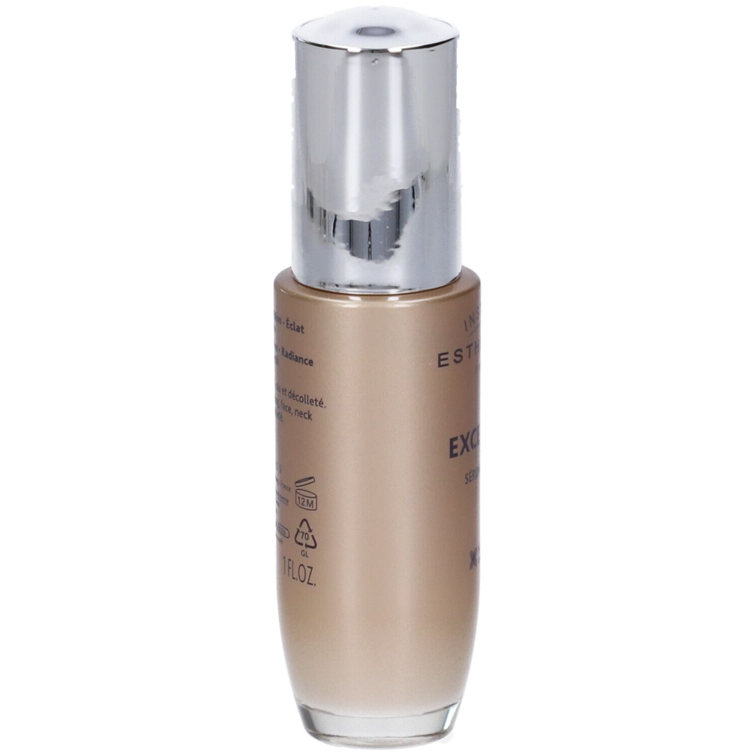 Flacone di siero, retro. Scritta: Institut Esthederm, Excellage Serum. Informazioni su ingredienti e utilizzo.