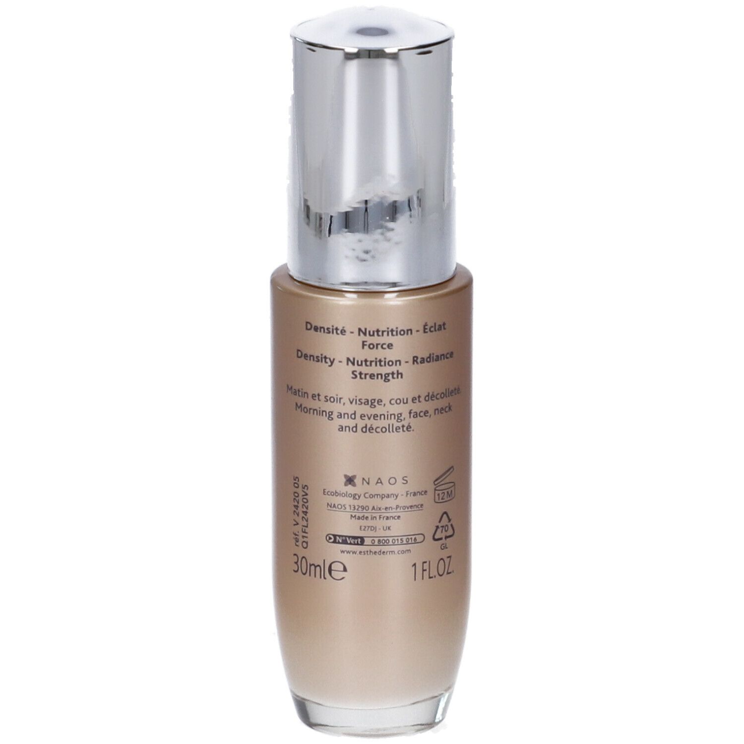 Flacone di siero, retro. Scritta: Institut Esthederm, Excellage Serum. Volume: 30ml. Informazioni sugli ingredienti.
