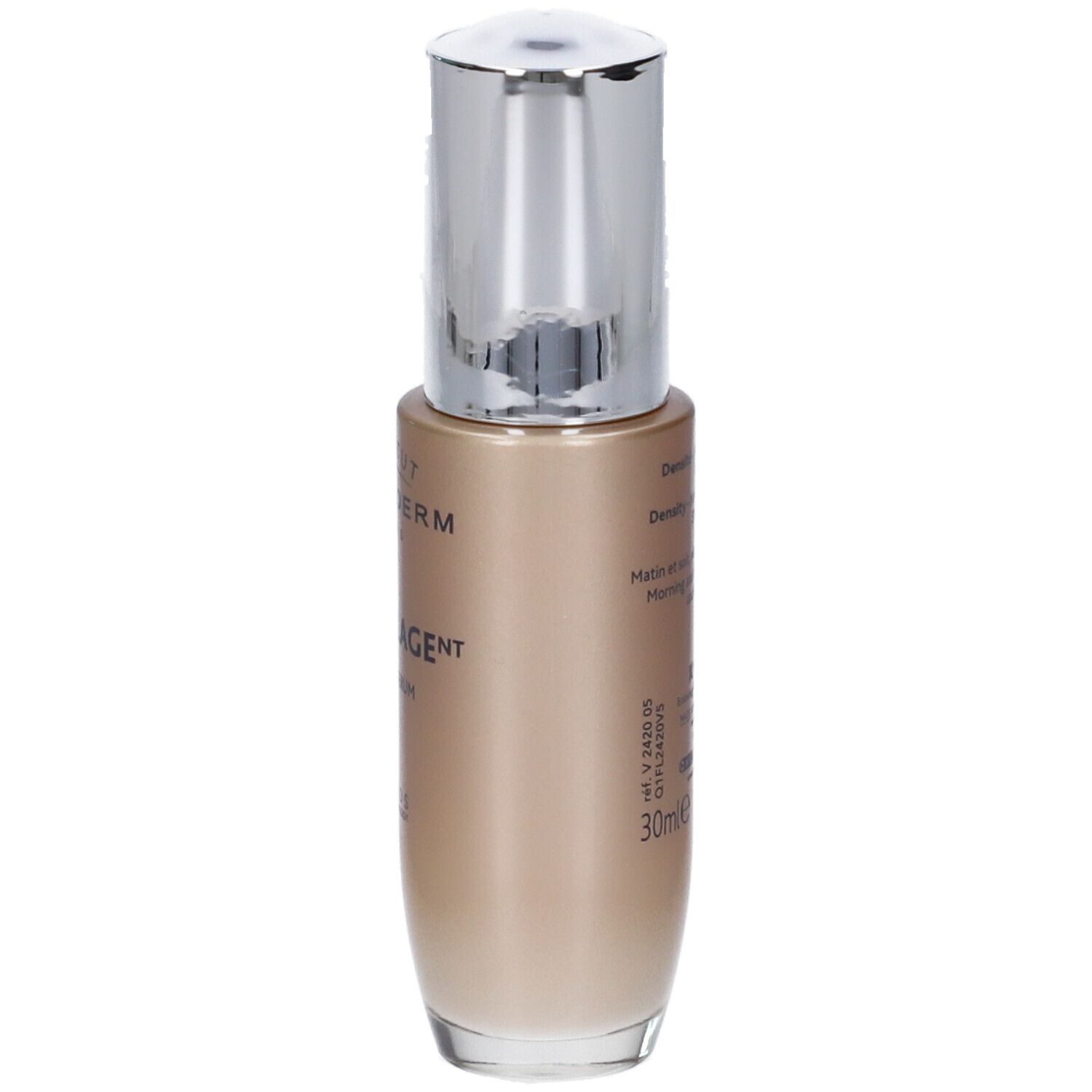 Flacone di siero, vista posteriore. Scritta: Institut Esthederm, Excellage Serum. Volume: 30ml. Prodotto in Francia.