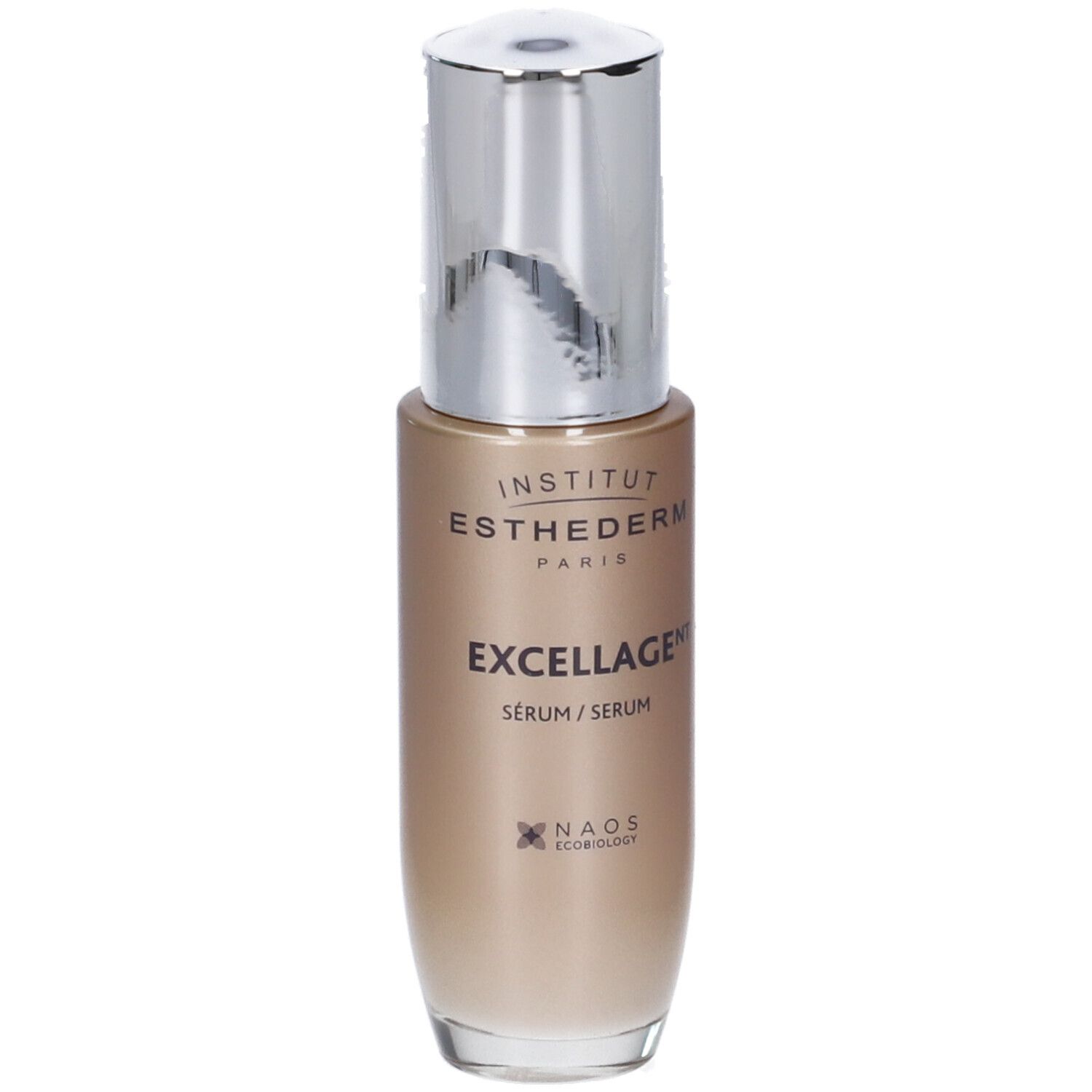 Flacone di siero con tappo argentato. Scritta: Institut Esthederm Paris, Excellage Serum. NAOS Ecobiology.
