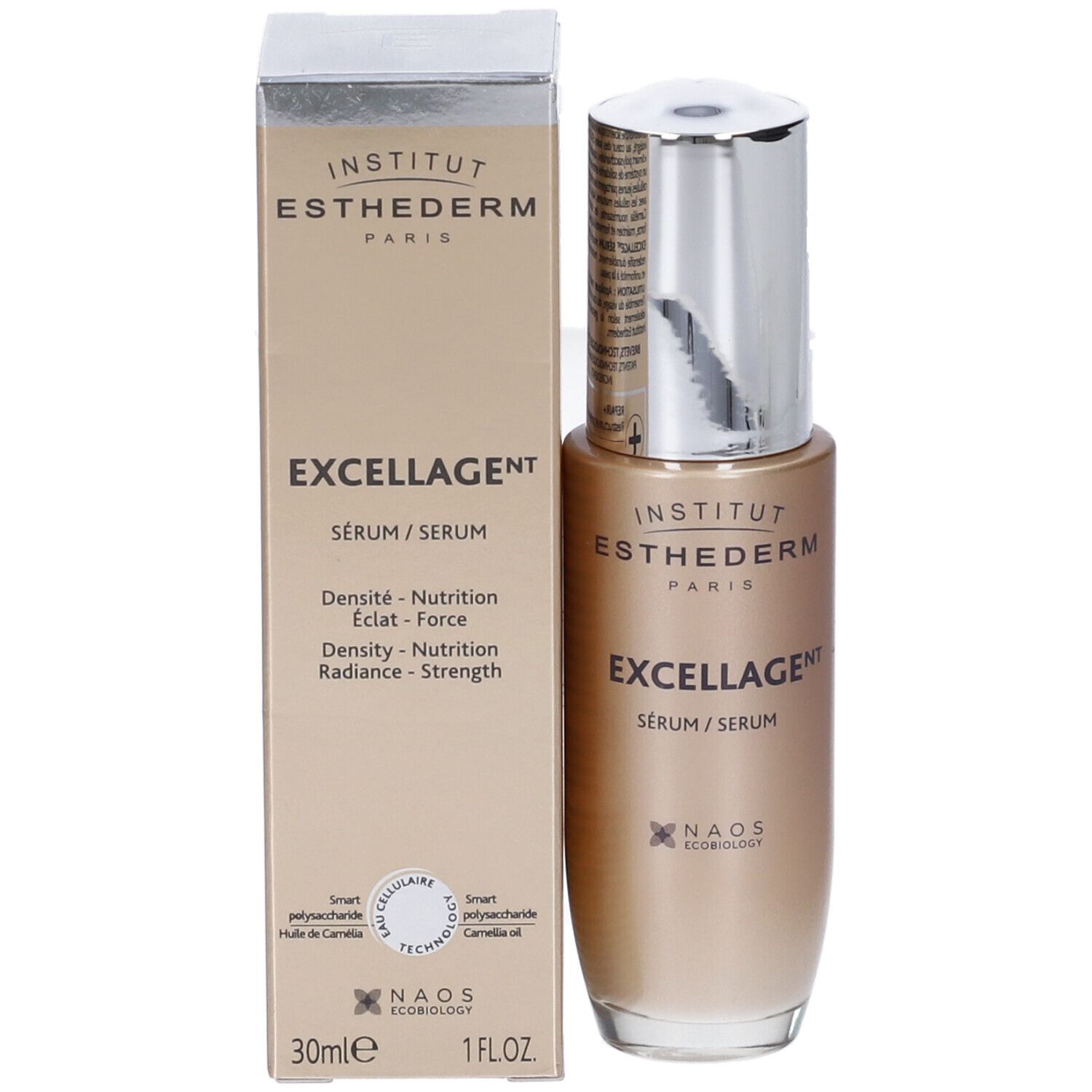 Flacone di siero e confezione. Scritta: Institut Esthederm Paris, Excellage Serum. Volume: 30ml. NAOS Ecobiology.