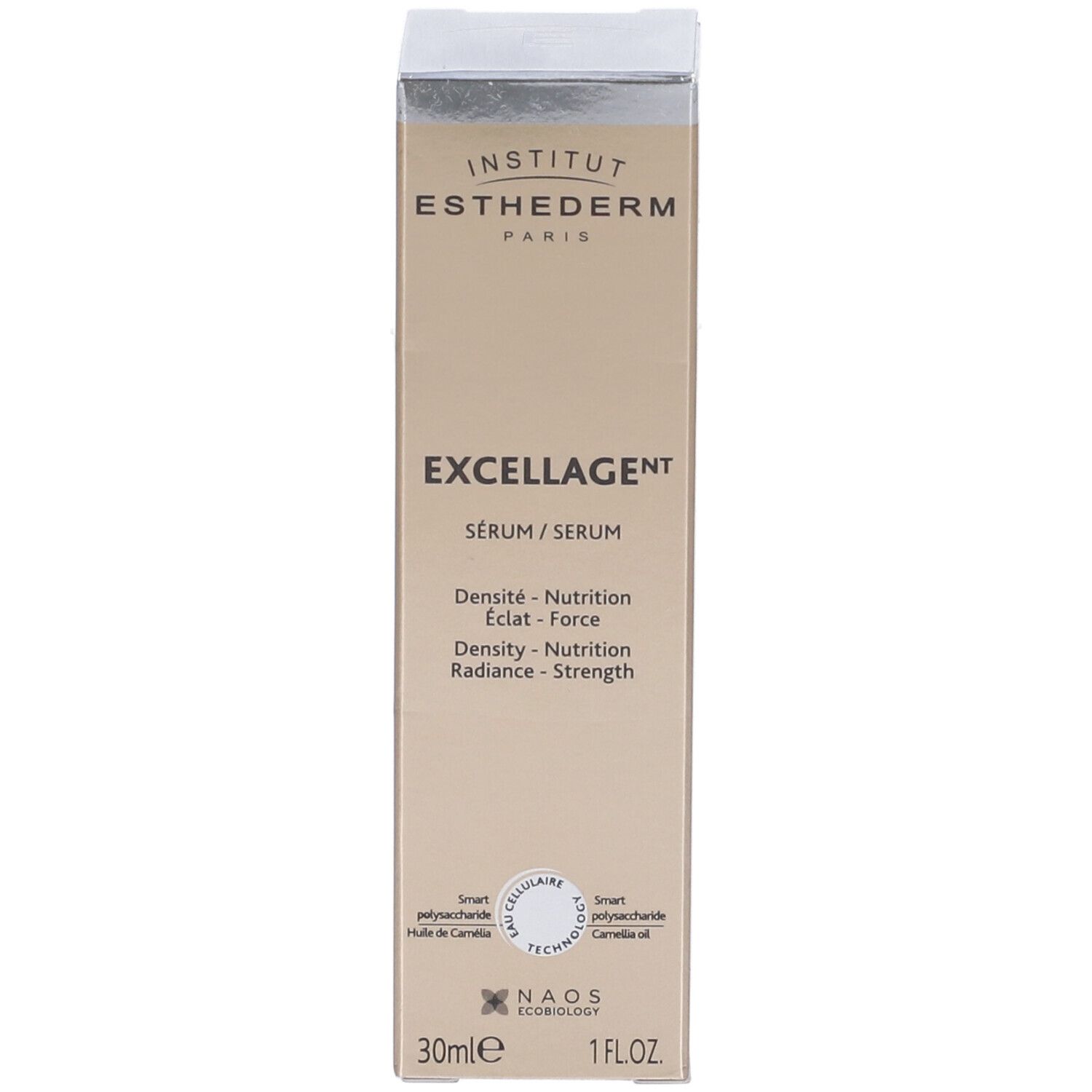 Confezione. Scritta: Institut Esthederm Paris, Excellage Serum. Volume: 30ml. NAOS Ecobiology. Smart Polysaccharide.
