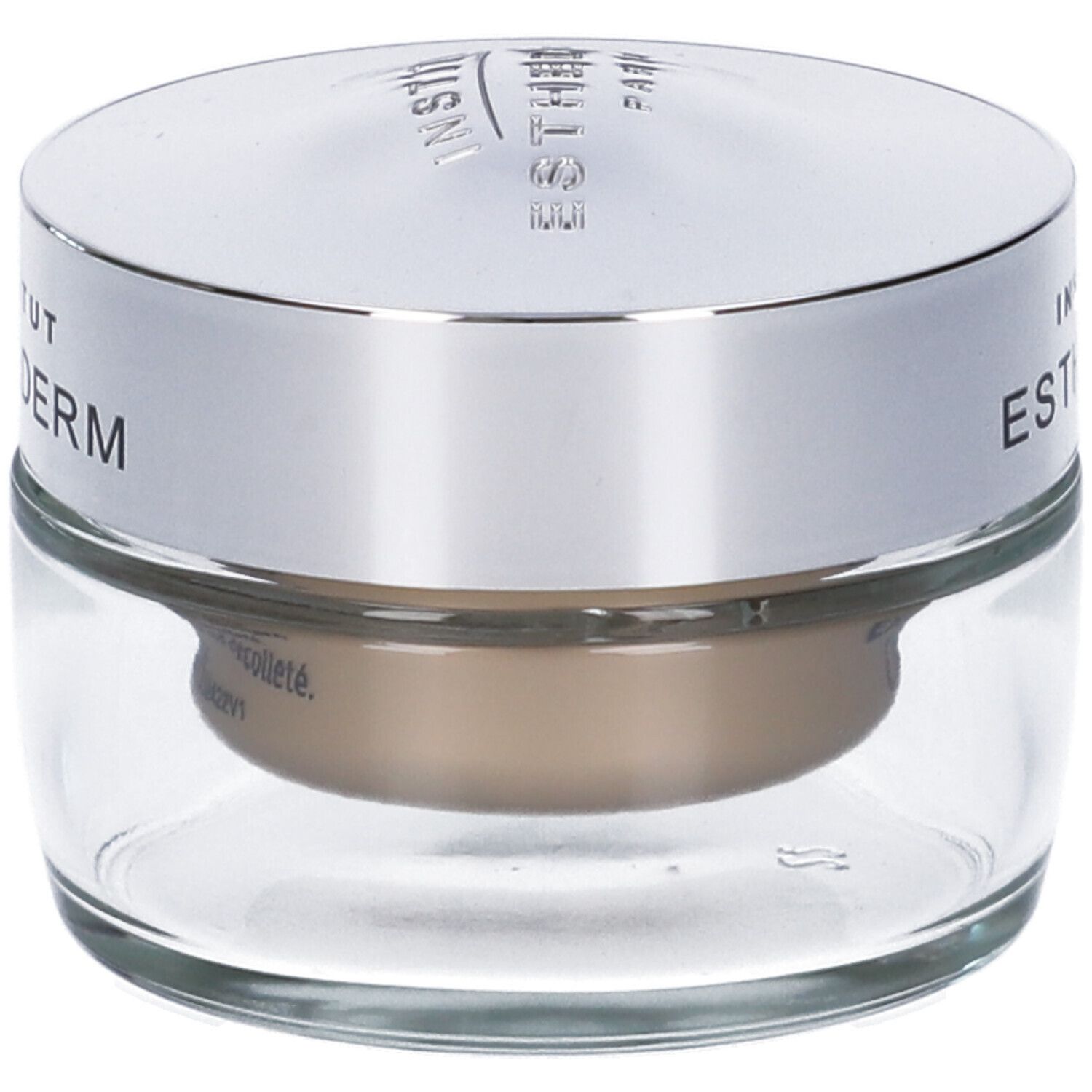 Vasetto di crema con coperchio argentato. Scritta: Institut Esthederm.