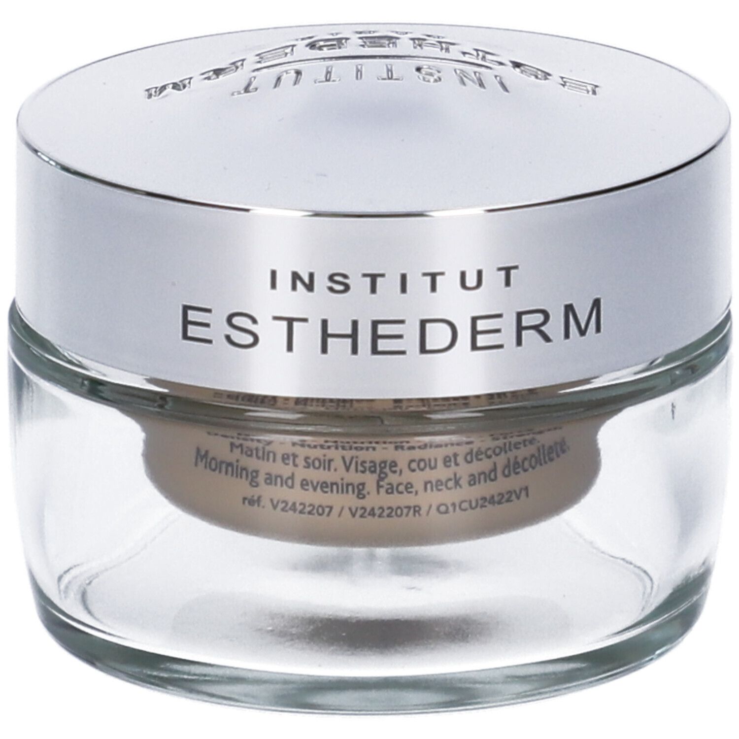 Vasetto di crema con coperchio argentato. Scritta: Institut Esthederm. Testo: Mattina e sera. Viso, collo e décolleté.