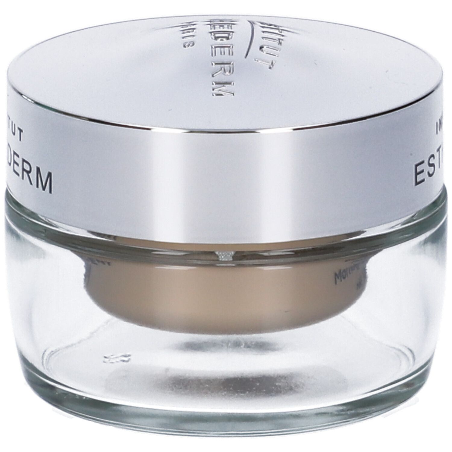 Vasetto di crema con coperchio argentato. Scritta: Institut Esthederm.
