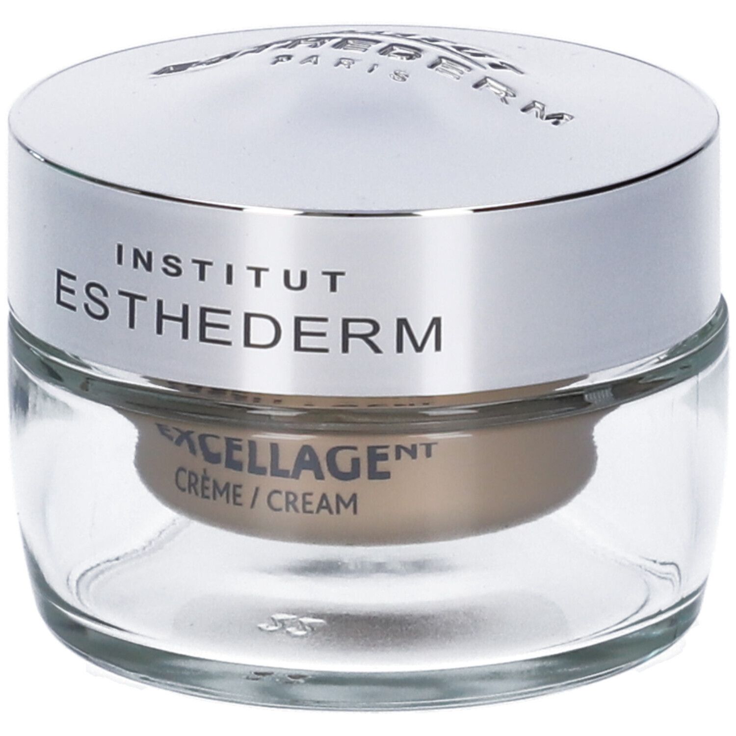 Vasetto di crema con coperchio argentato. Scritta: Institut Esthederm, Excellage Crème/Cream.