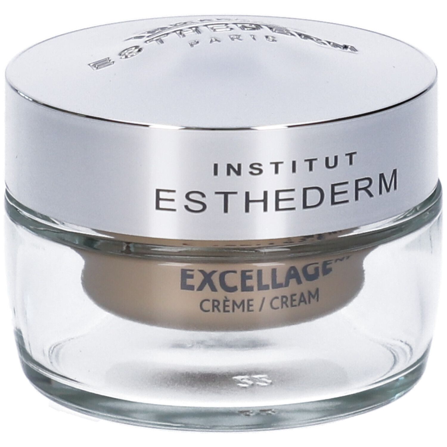 Vasetto di crema con coperchio argentato. Scritta: Institut Esthederm, Excellage Crème/Cream.