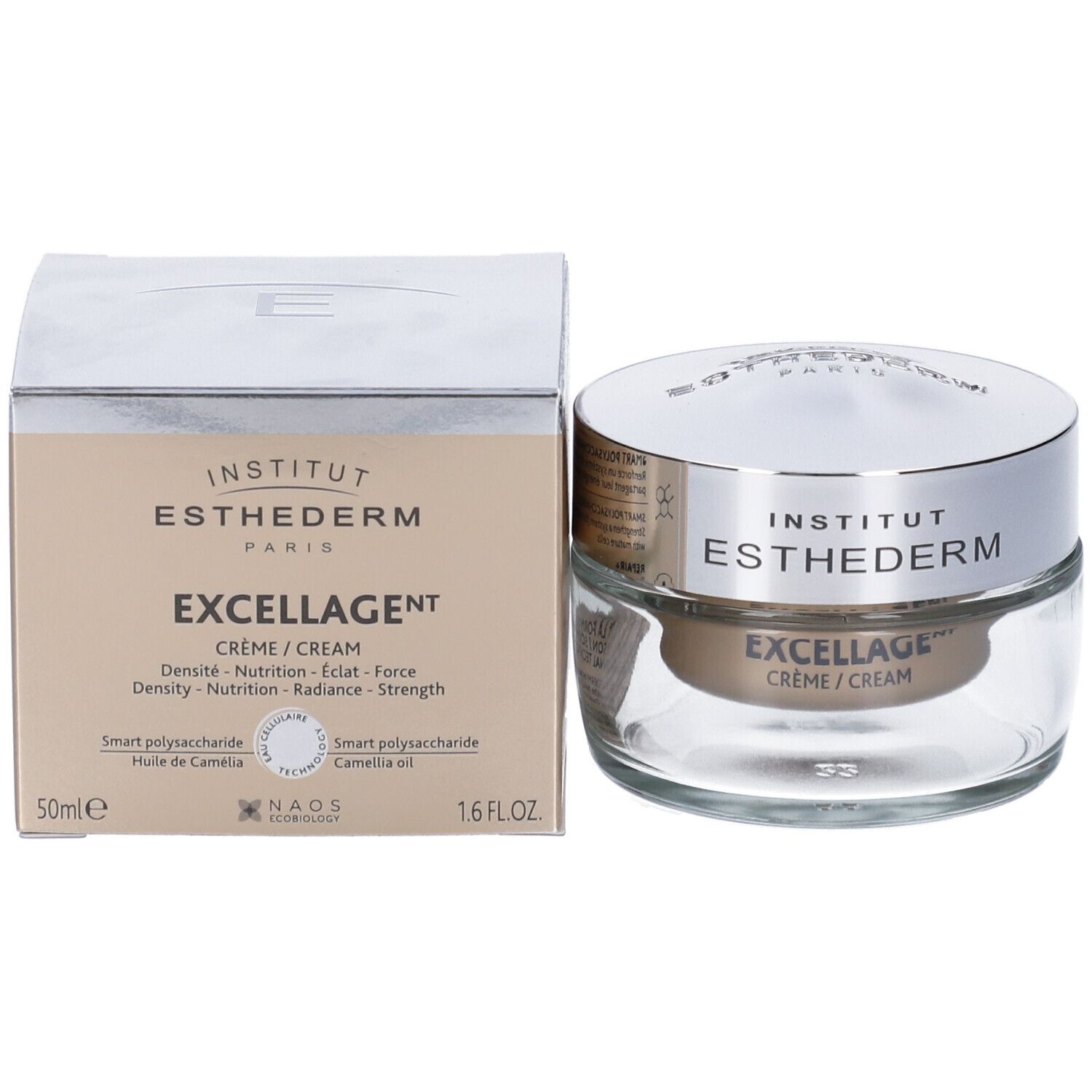 Vasetto di crema e scatola. Scritta: Institut Esthederm, Excellage Crème/Cream. 50ml, 1.6 FL.OZ.