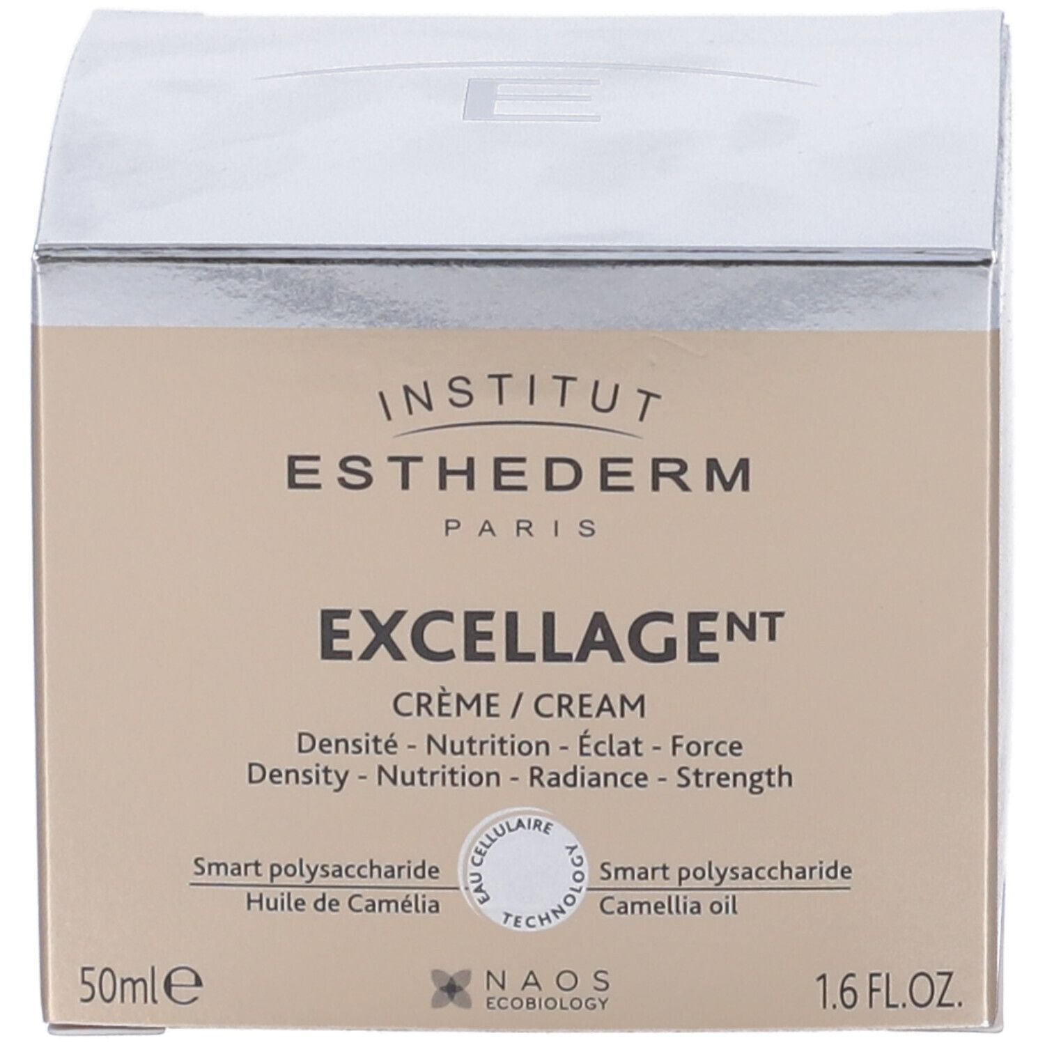 Scatola con scritta: Institut Esthederm, Excellage Crème/Cream. 50ml, 1.6 FL.OZ.