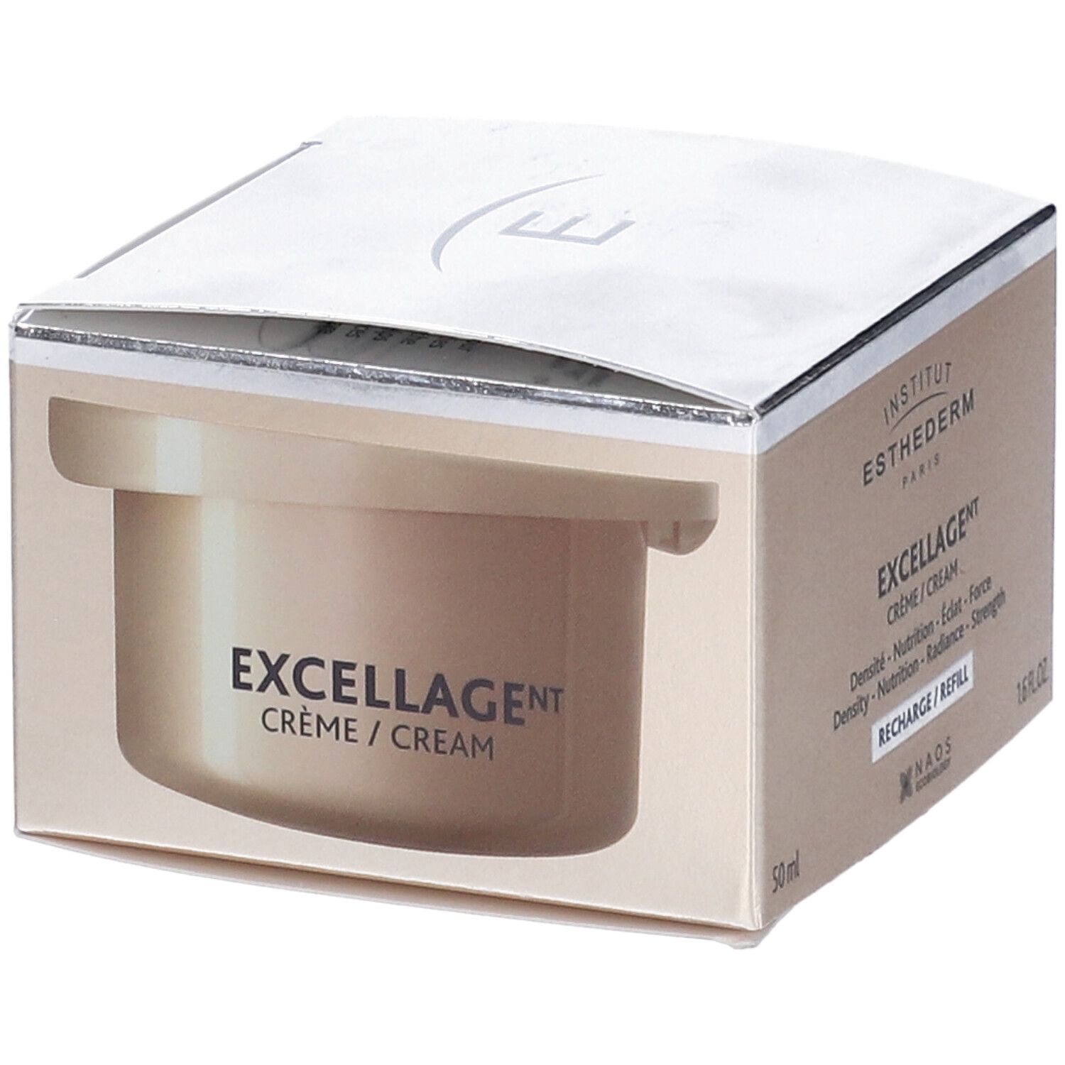 Esthederm Excellage Crema Ricarica in confezione. Vaso di crema visibile. Scritta: Excellage, Crème/Cream.