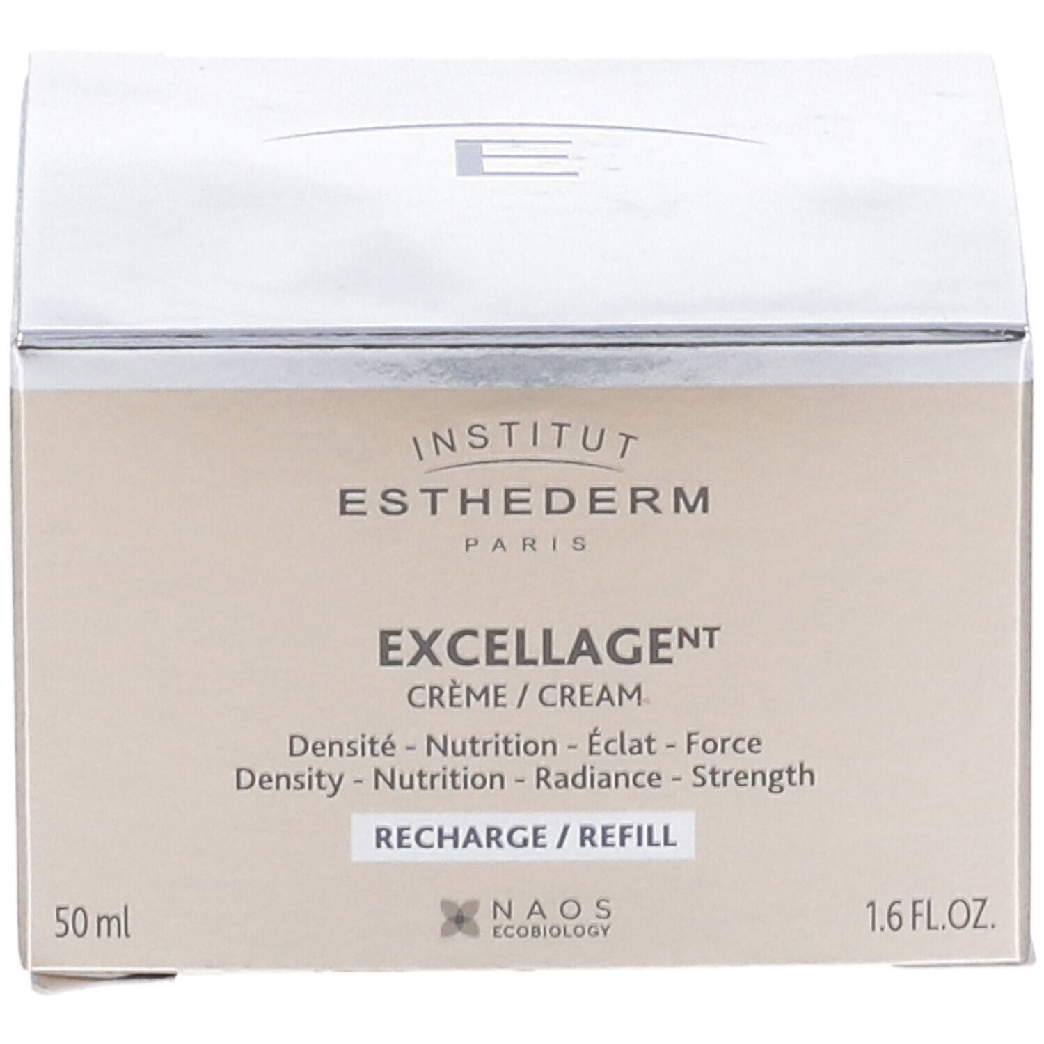 Esthederm Excellage Crema Ricarica in confezione. Scritta: Excellage, Crème/Cream, 50 ml, 1.6 FL.OZ.