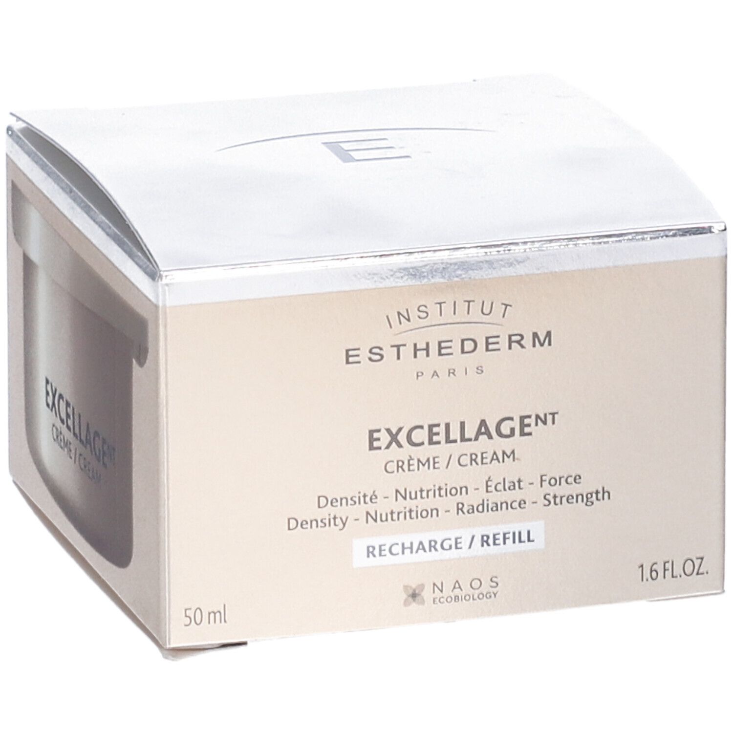 Esthederm Excellage Crema Ricarica in confezione. Scritta: Excellage, Crème/Cream, 50 ml, 1.6 FL.OZ.