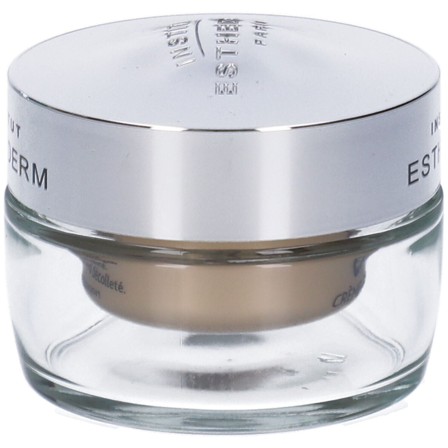 Vasetto di vetro con coperchio argentato. Scritta: Institut Esthederm. Contenuto: crema-balsamo.