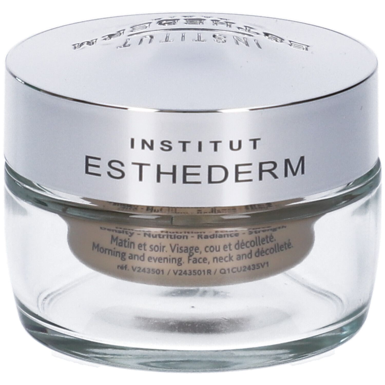 Vasetto di vetro con coperchio argentato. Scritta: Institut Esthederm. Testo: Mattina e sera. Viso, collo e décolleté.