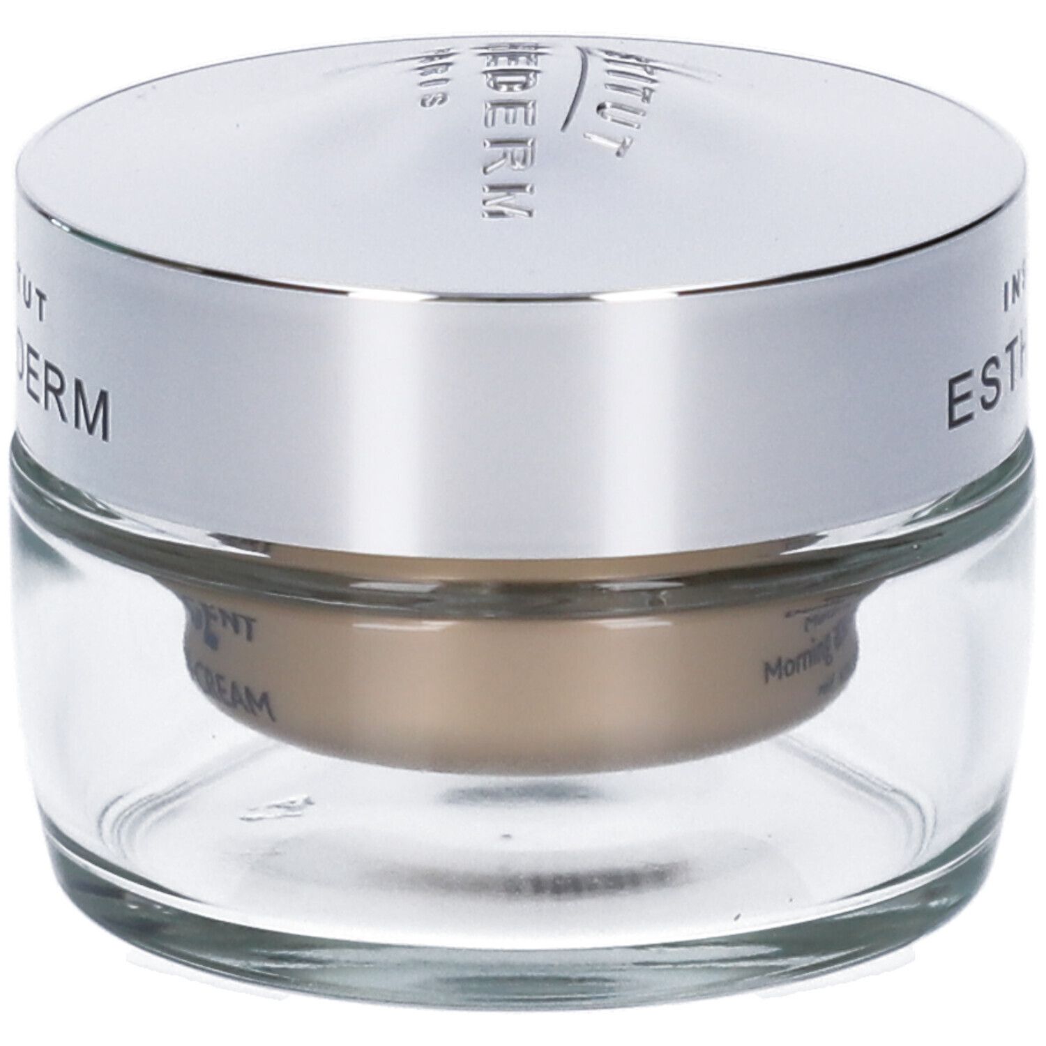Vasetto di vetro con coperchio argentato. Scritta: Institut Esthederm. Contenuto: crema-balsamo.
