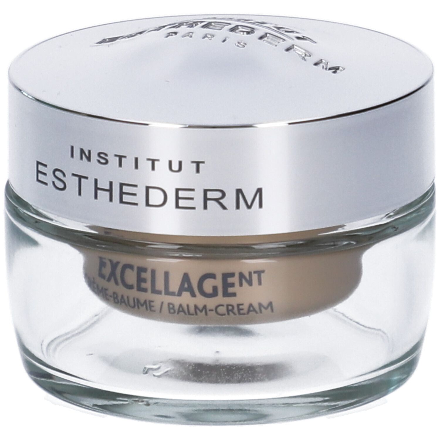 Vasetto di vetro con coperchio argentato. Scritta: Institut Esthederm. Nome prodotto: Excellage Crème-Baume/Balm-Cream.
