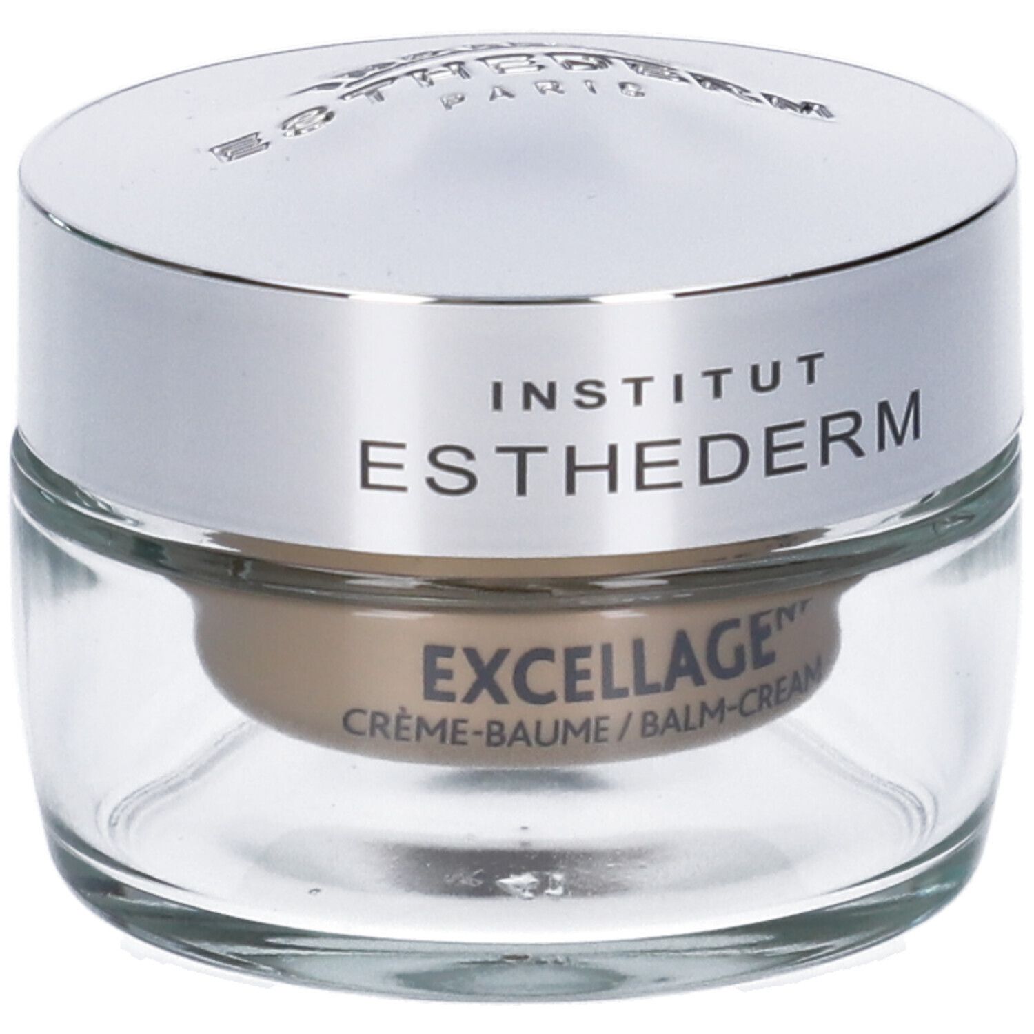 Vasetto di vetro con coperchio argentato. Scritta: Institut Esthederm. Nome prodotto: Excellage Crème-Baume/Balm-Cream.