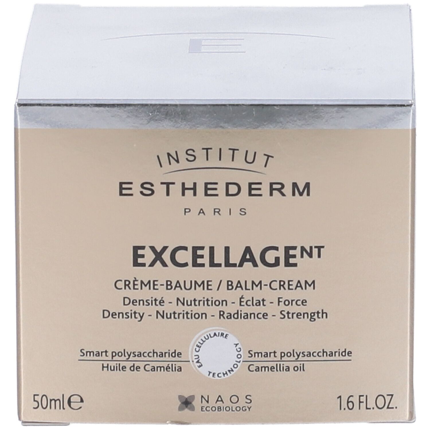 Confezione del prodotto. Scritta: Institut Esthederm. Nome prodotto: Excellage Crème-Baume/Balm-Cream. 50ml.