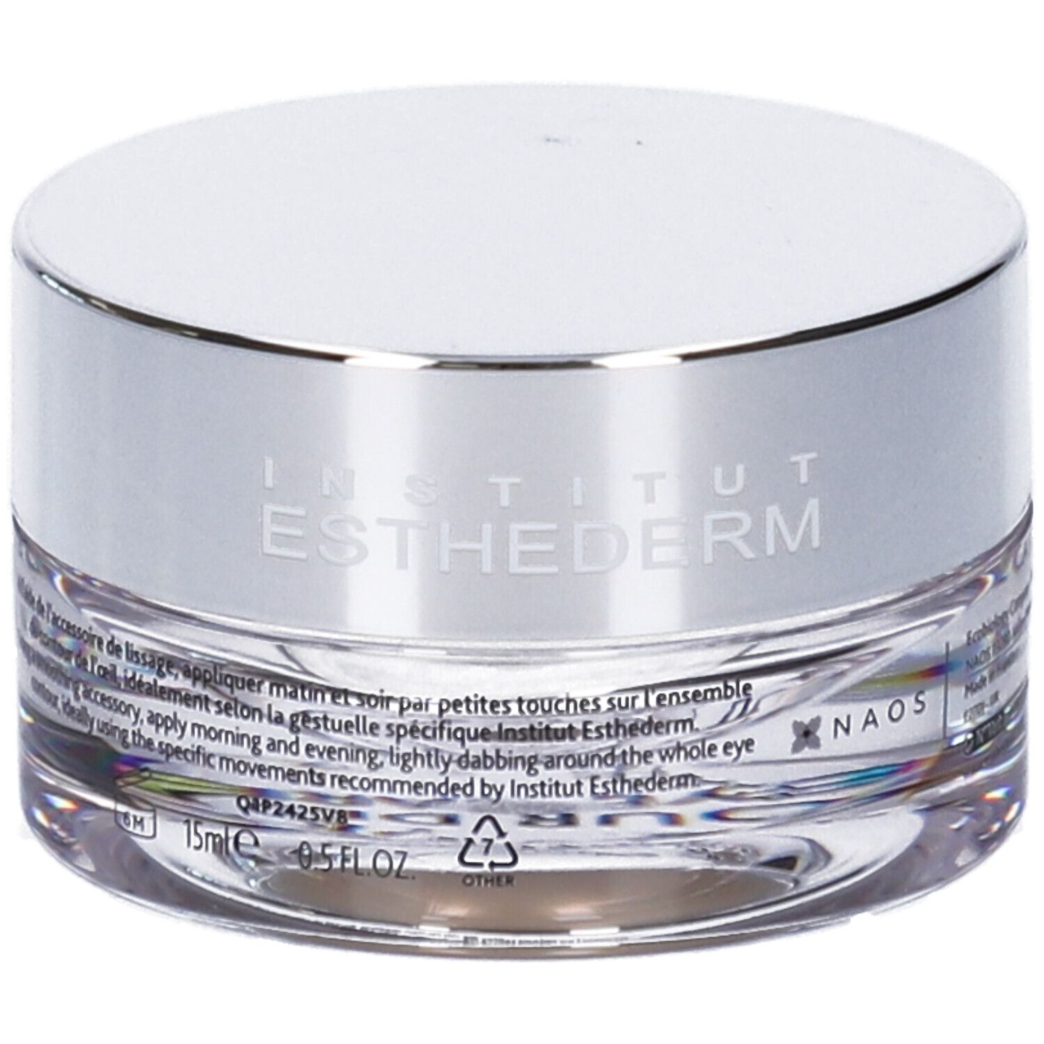 Vasetto rotondo con coperchio argentato. Scritta: Institut Esthederm. Testo sull'etichetta.