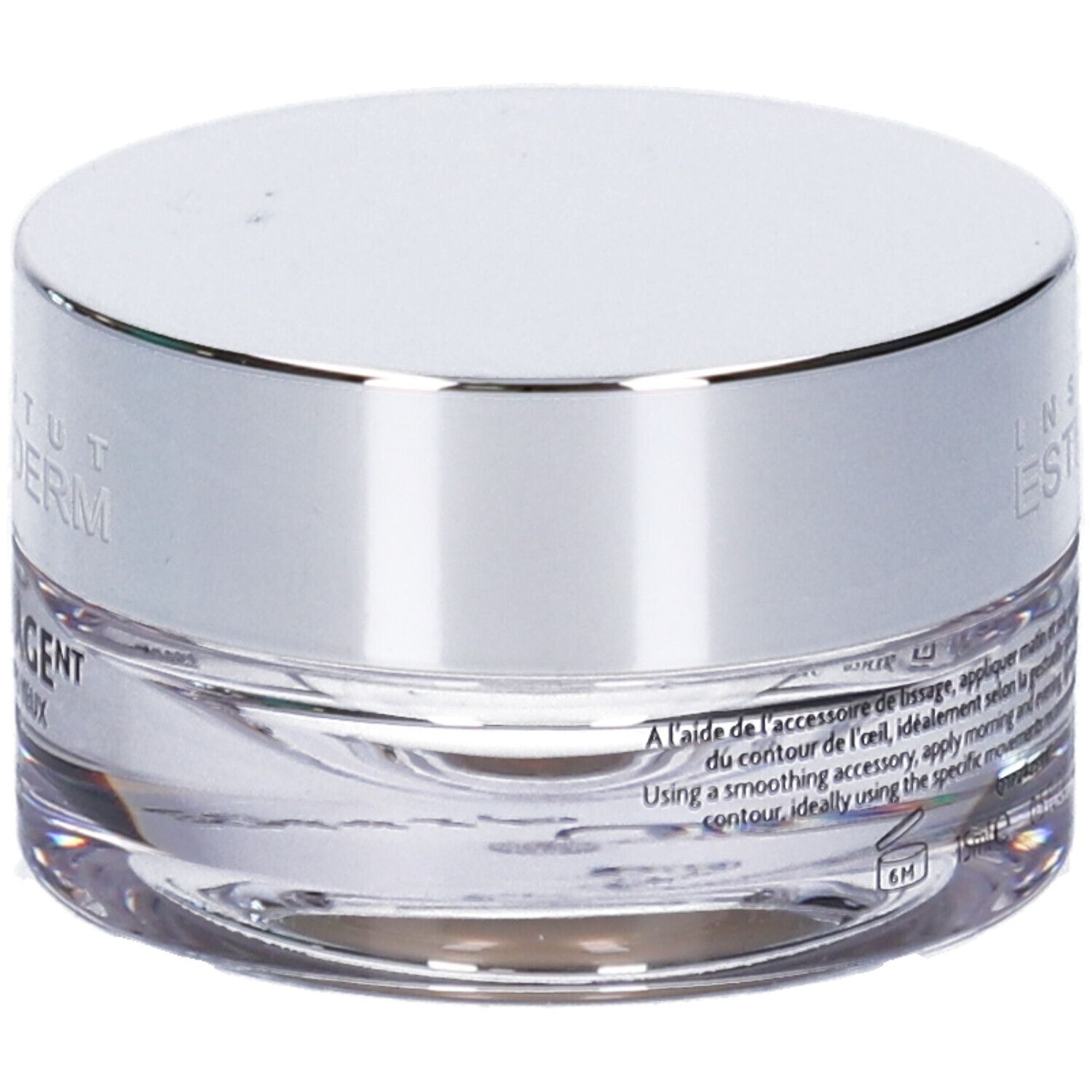 Vasetto rotondo con coperchio argentato. Scritta: Institut Esthederm. Testo sull'etichetta.