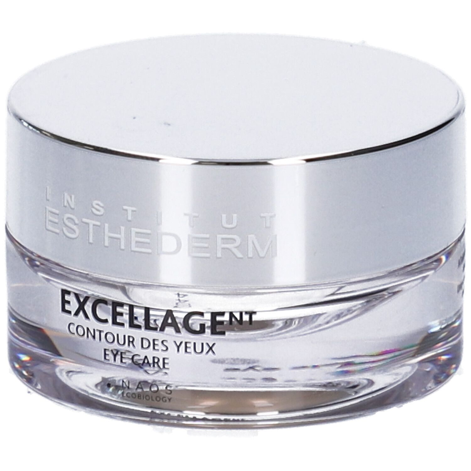 Vasetto rotondo con coperchio argentato. Scritta: Institut Esthederm, Excellage Contour des Yeux Eye Care.