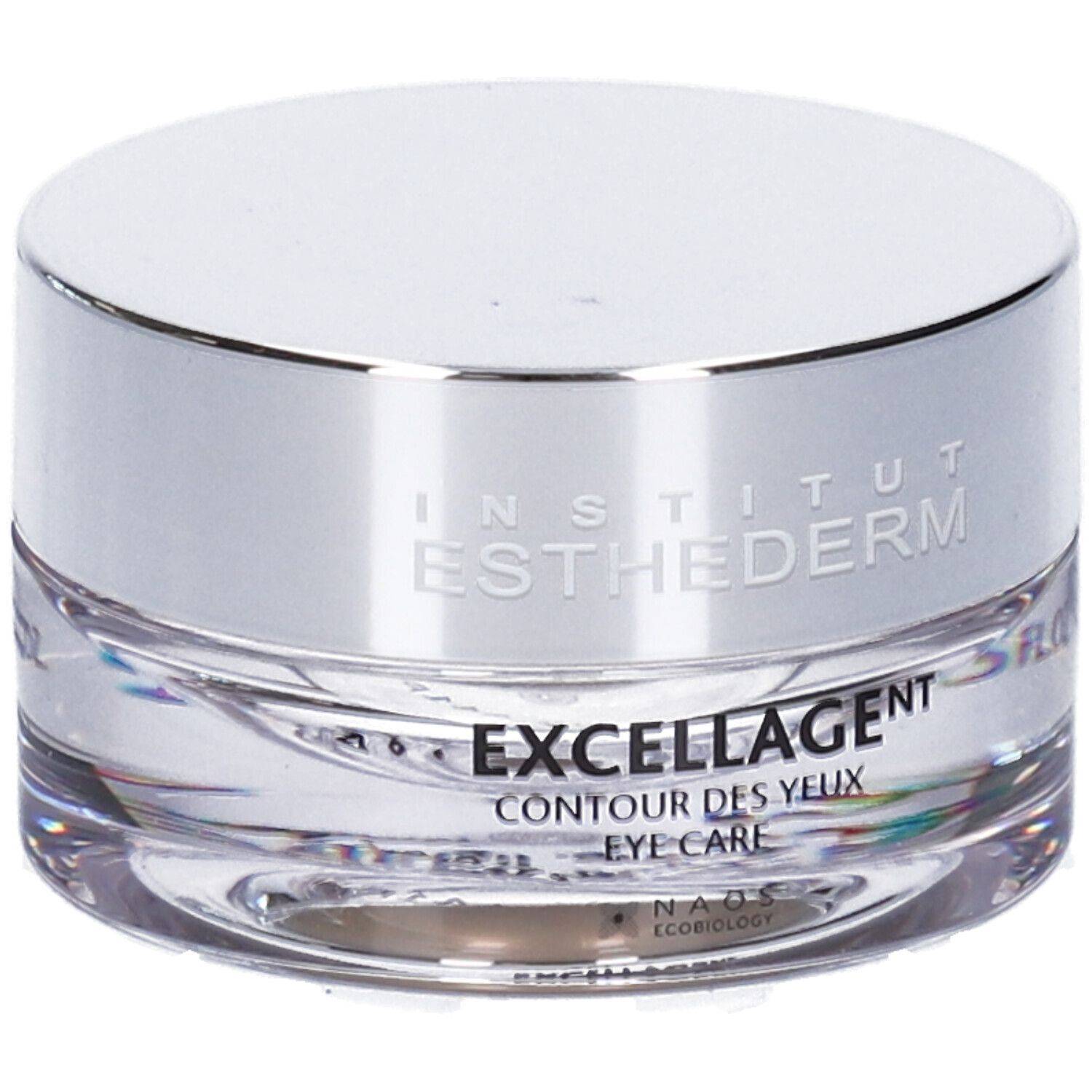 Vasetto rotondo con coperchio argentato. Scritta: Institut Esthederm, Excellage Contour des Yeux Eye Care.