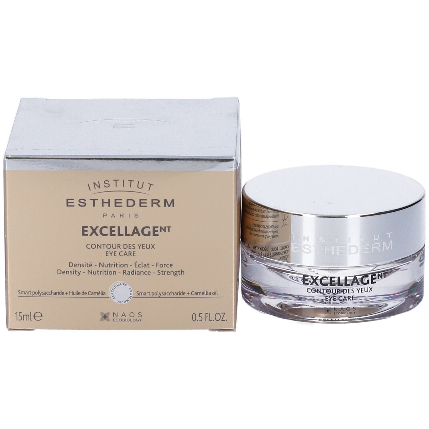 Vasetto e scatola. Scritta: Institut Esthederm, Excellage Contour des Yeux Eye Care. 15ml, 0.5 FL.OZ.